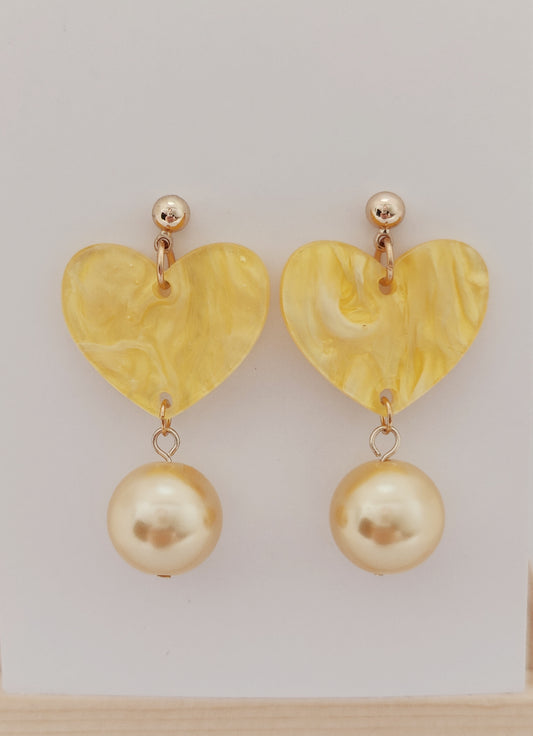 Yellow Acrylic Heart Pendant with Gold-Color Glass-Pearl Earrings