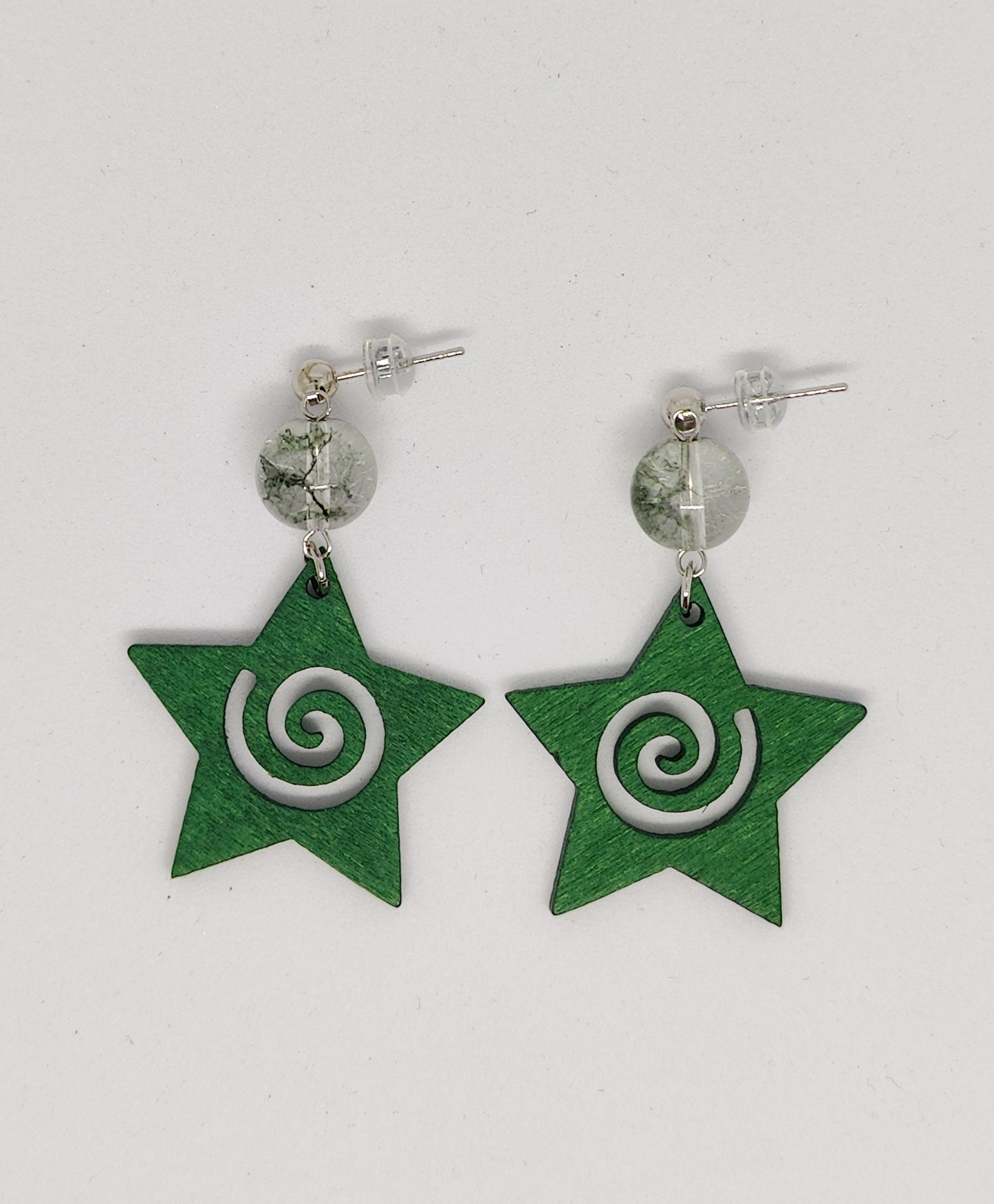 Enchanting Green Rutilated Quartz Bead and Wooden Hollow Star Stud Earrings