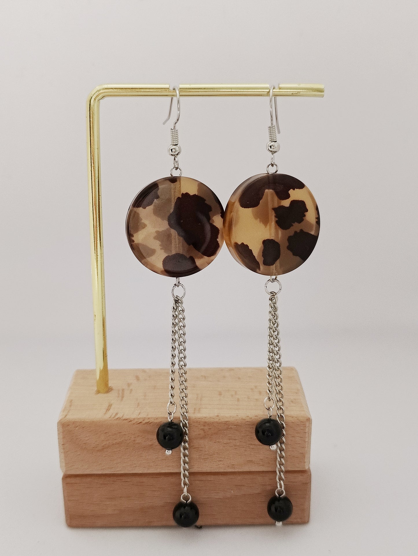 Leopard Round Pendant Double Chain Obsidian Earrings