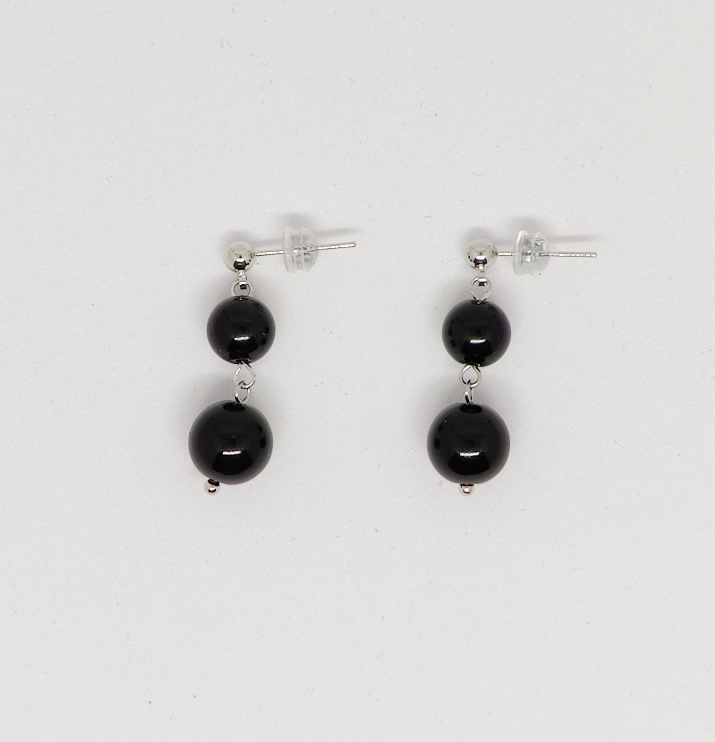 Double Obsidian Bead Stud Earrings (White-Gold-Color)