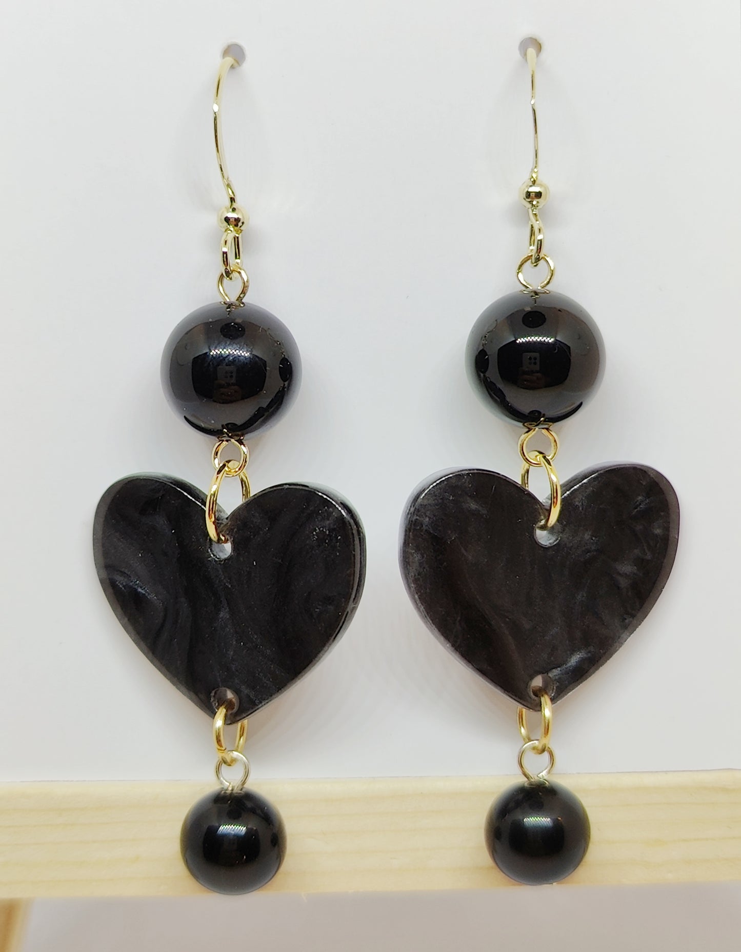 Obsidian Bead Earrings with Acrylic Black Heart Pendant Earrings