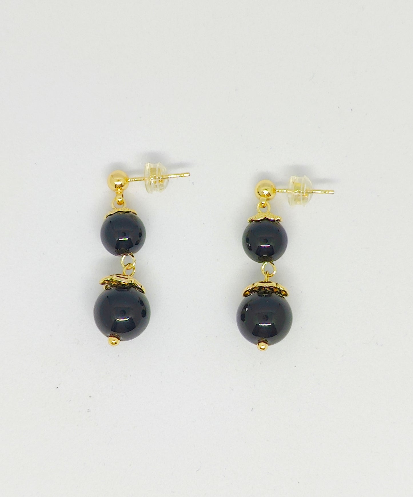 Double Obsidian Bead Stud Earrings (Golden)