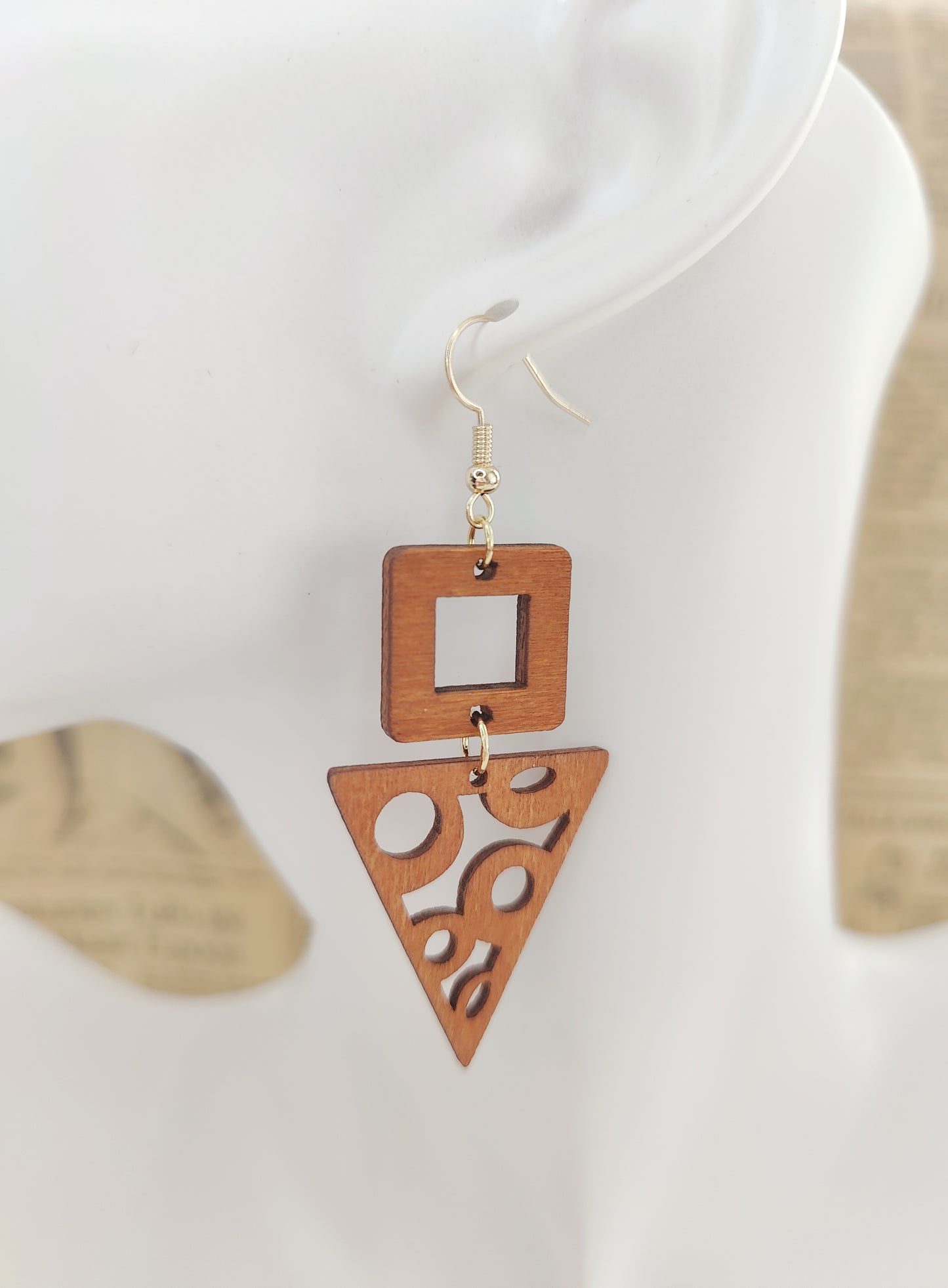 Classic Wooden Square and Hollow Triangle Earrings