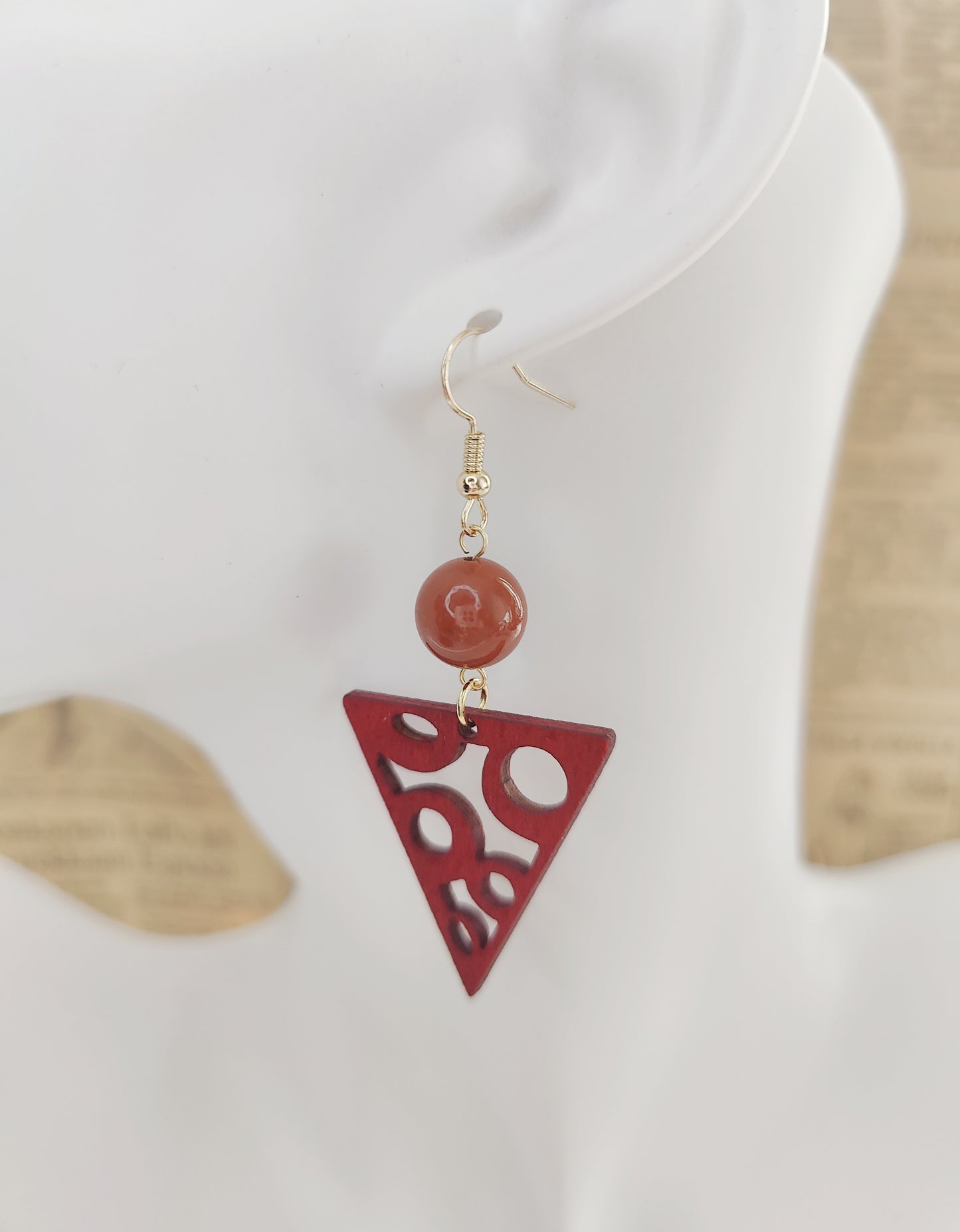 Stunning Red Stone Beads and Wooden Triangle Earrings