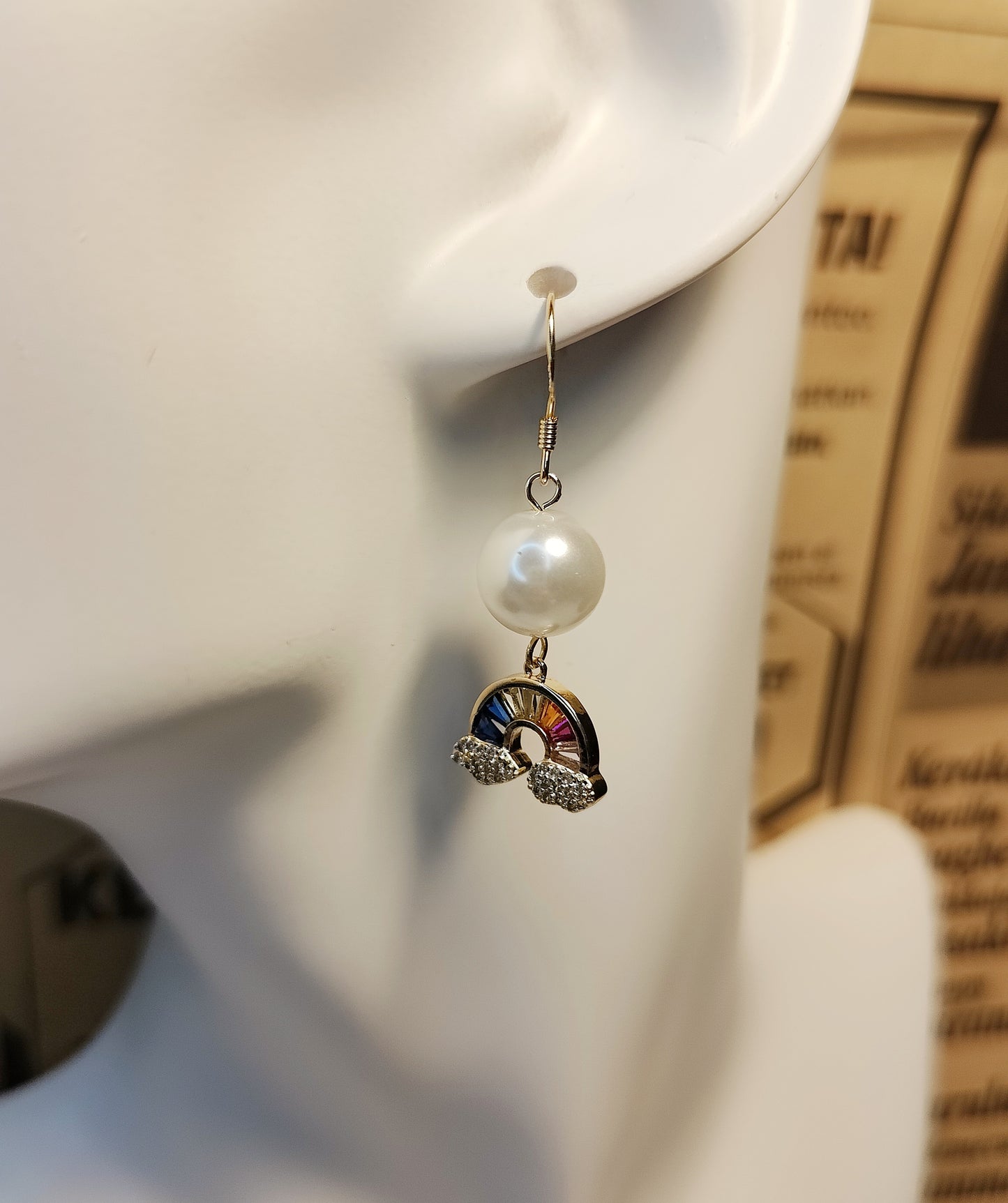 Shell-Pearl and Zirconia Rainbow Pendant Earrings