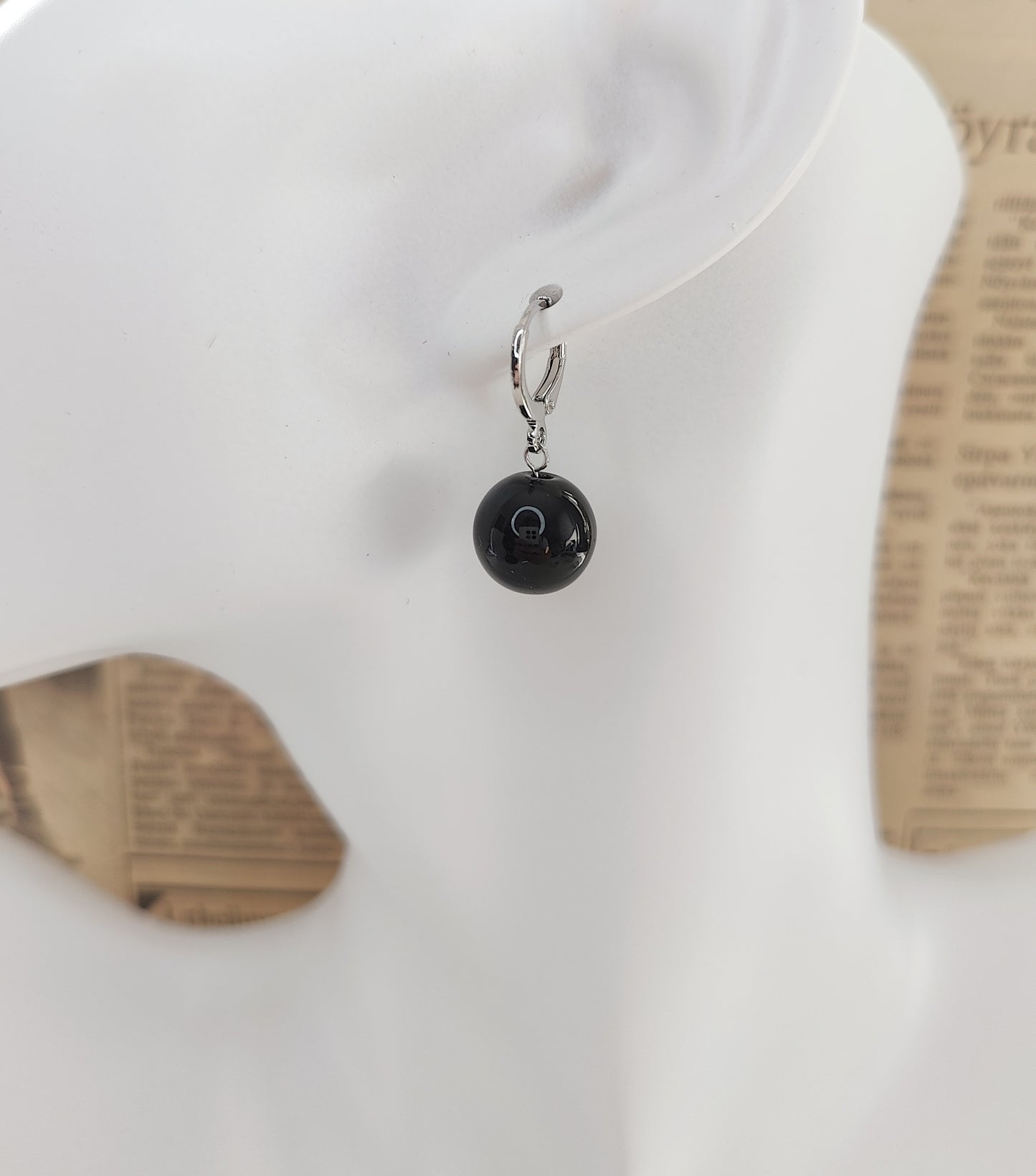 Single Obsidian Bead Earring with Clasp (White-Gold-Color)