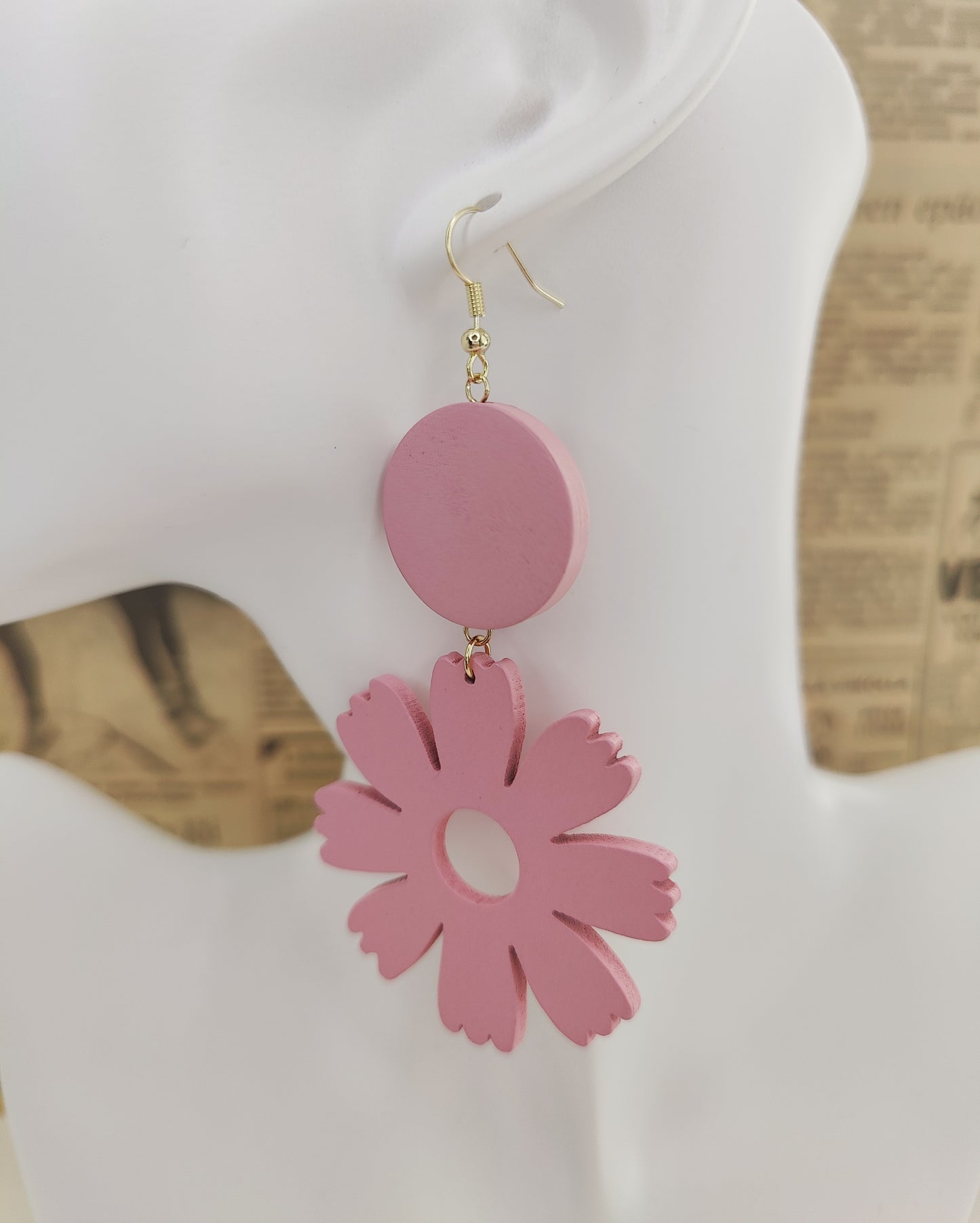 Elegant Handcrafted Wooden Flower Earrings (Pink)