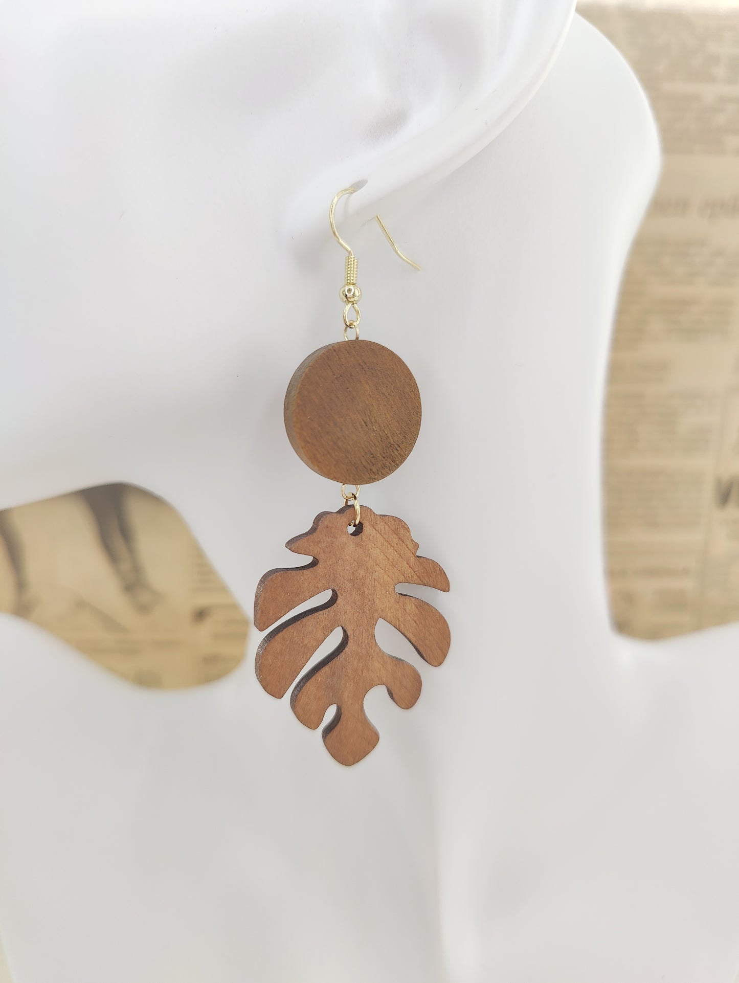 Nature-Inspired Wooden Round and Leaf-Shape Pendant Earrings