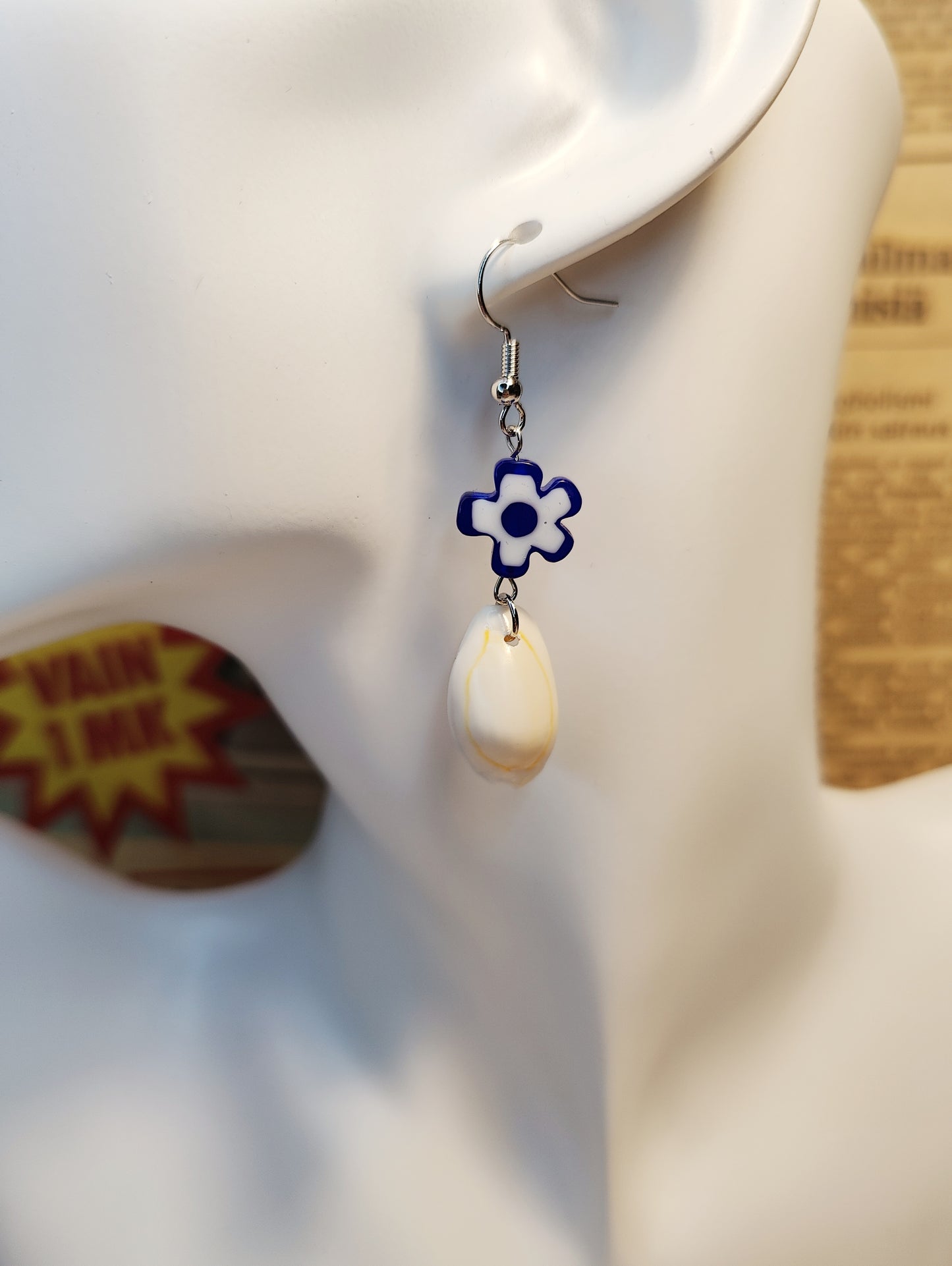 Azure Bloom Glass Flower Bead and Shell Earrings