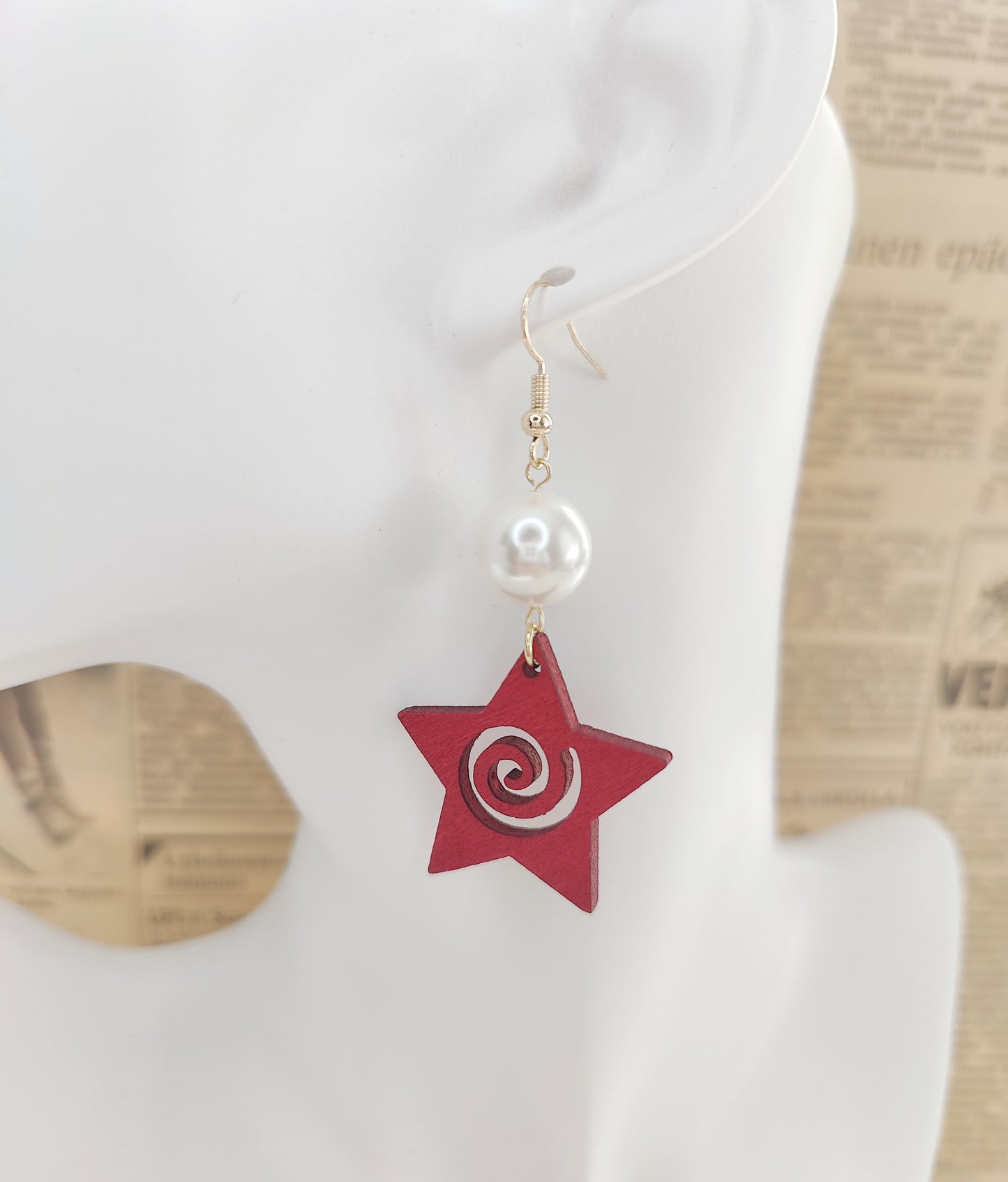 Radiant Shell-Pearl and Red Hollow Star Earrings