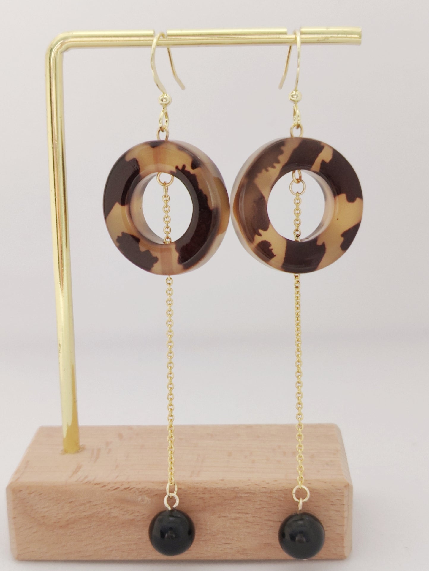 Leopard Print Gold Chain Obsidian Earrings