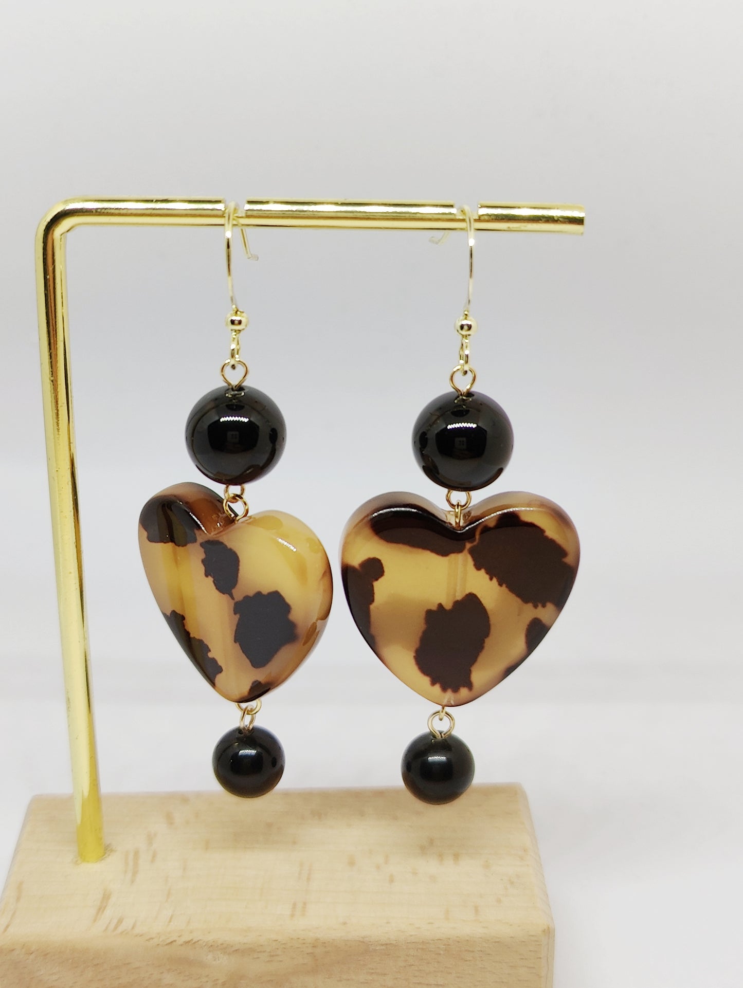 Obsidian Bead Earrings with Acrylic Leopard Pattern Heart Pendant