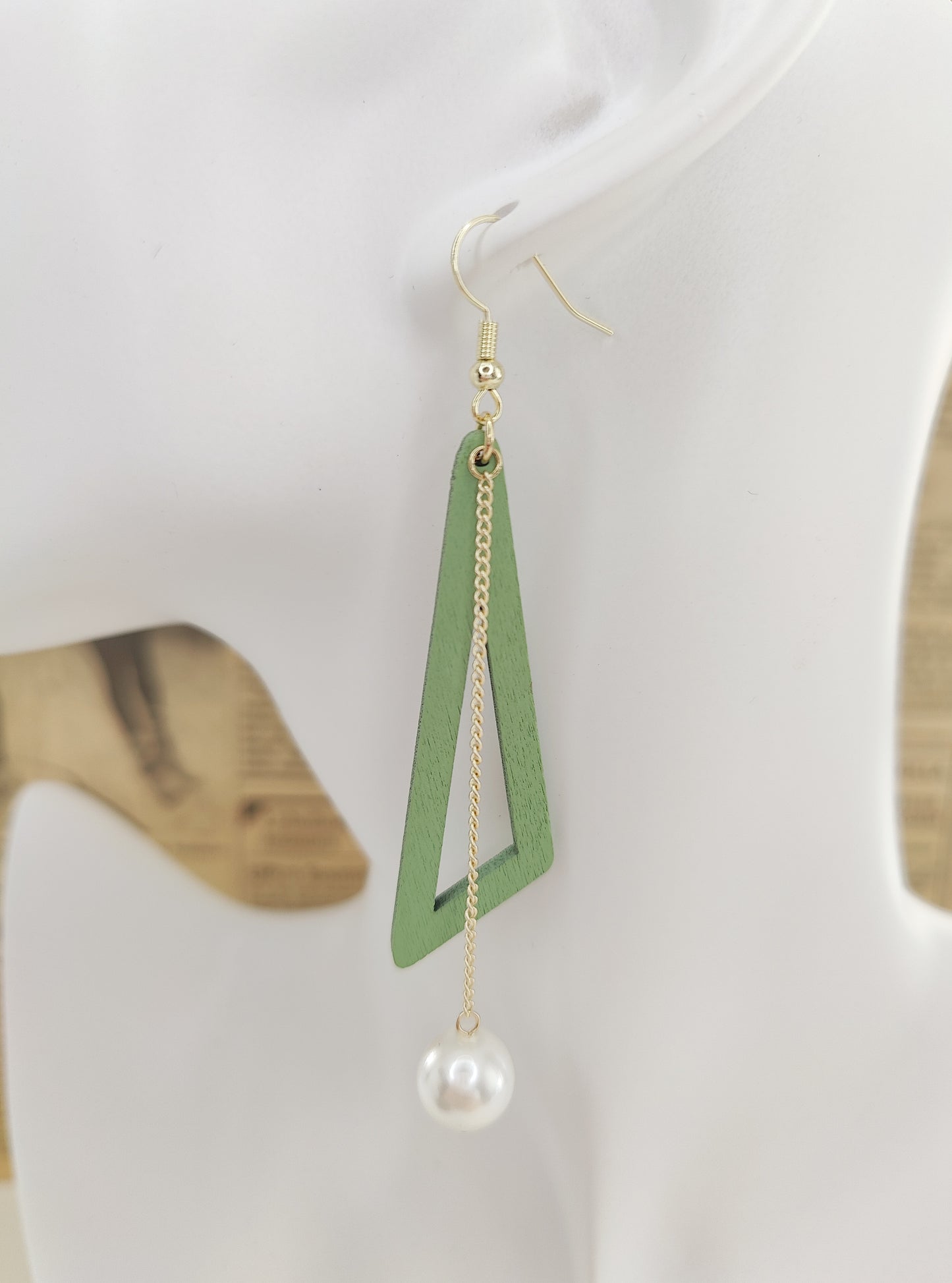 Contemporary Wooden Triangle and Chain with Shell-Pearl Earrings (Green)