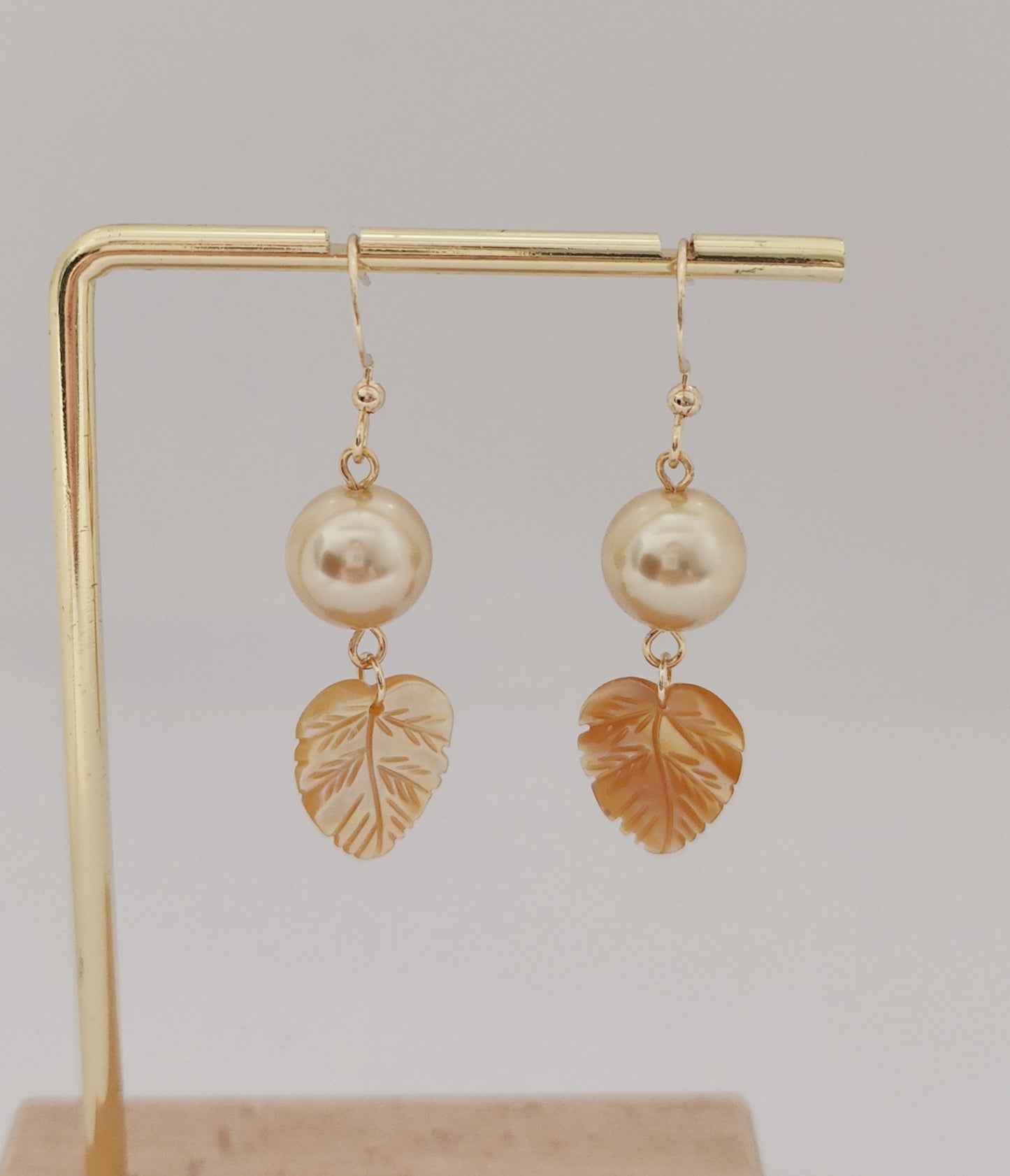 Golden Leaf Shell Pendant Pearl Earrings