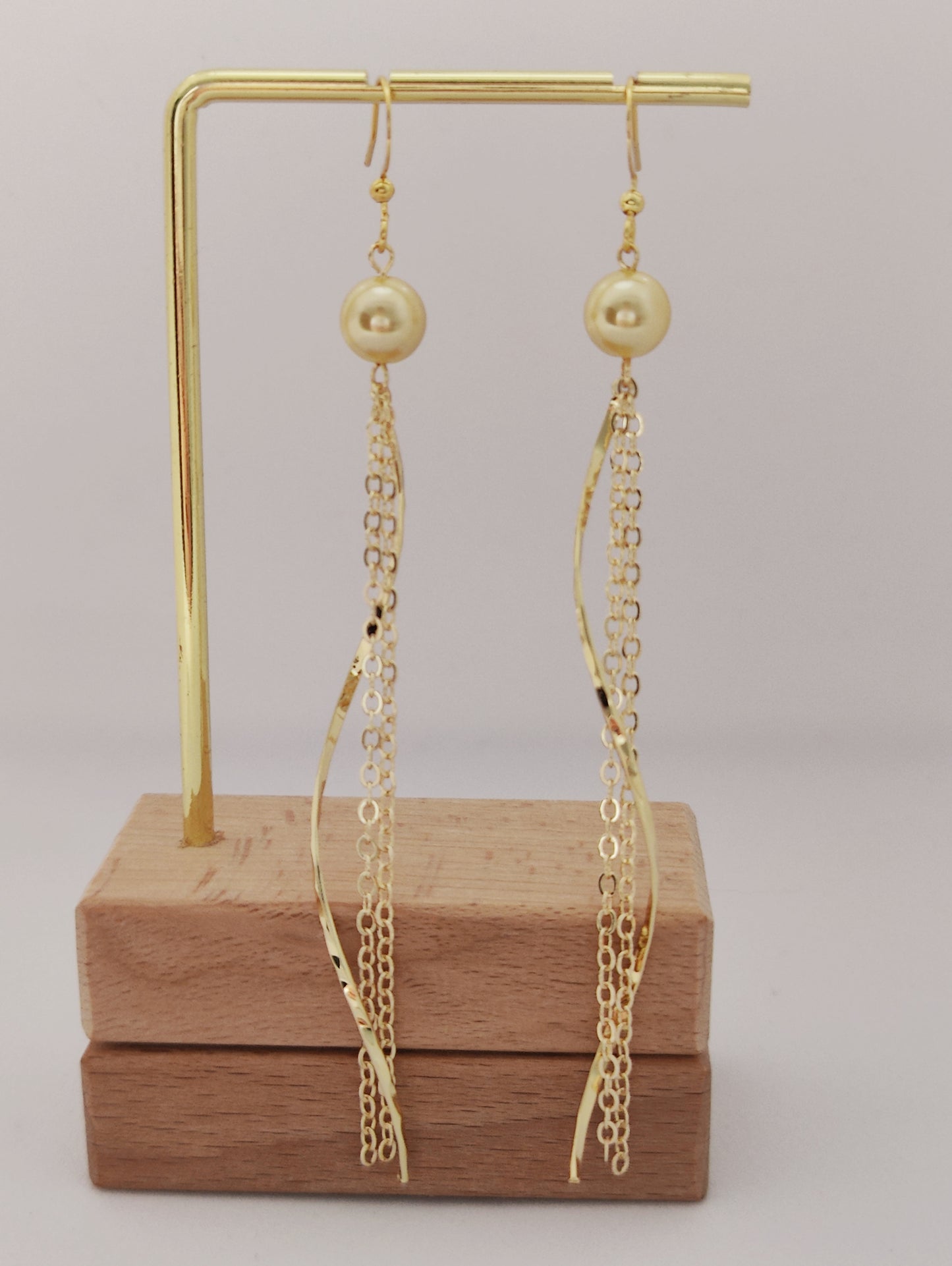 Gold-Color Glass-Pearl S-Shaped Pendant Double Chain Earrings