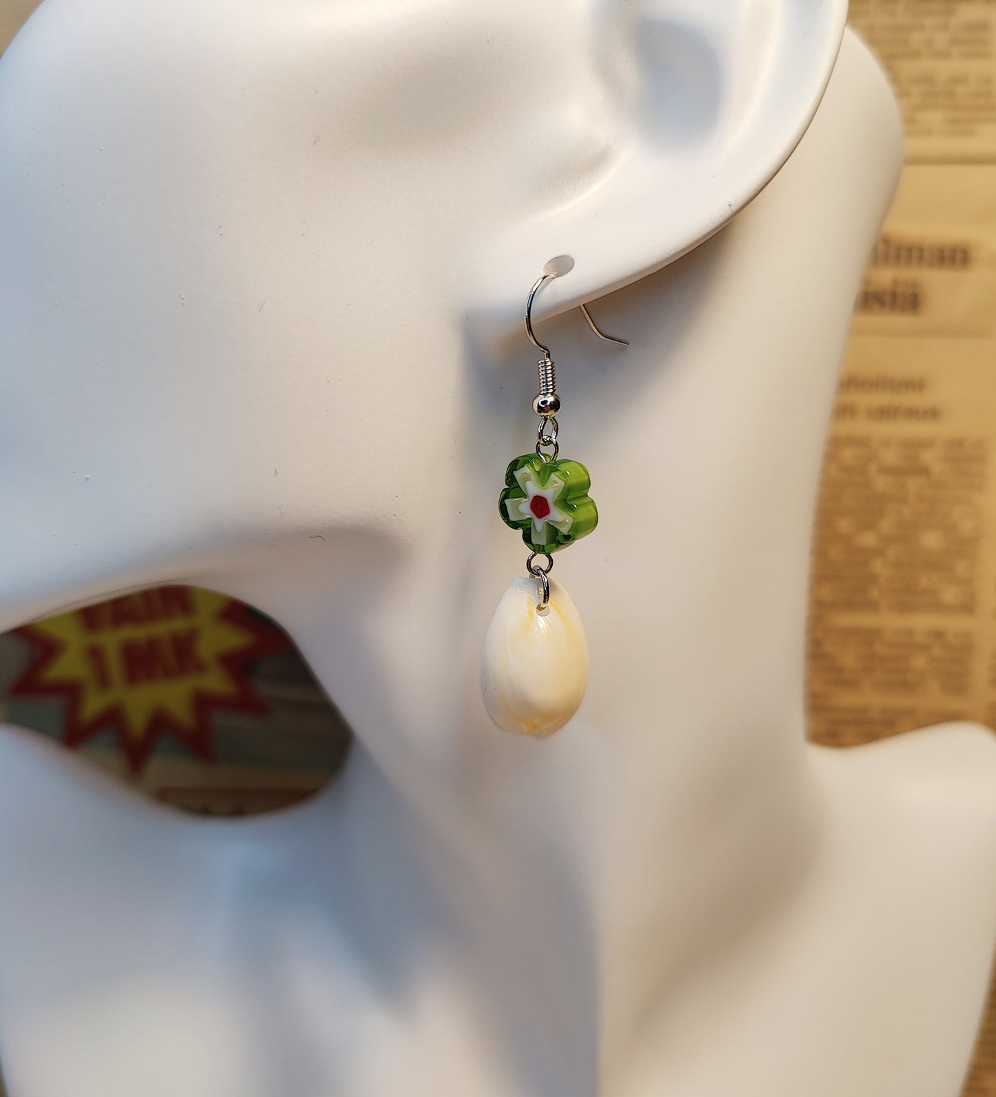 Green Glass Flower Bead and Shell Earrings