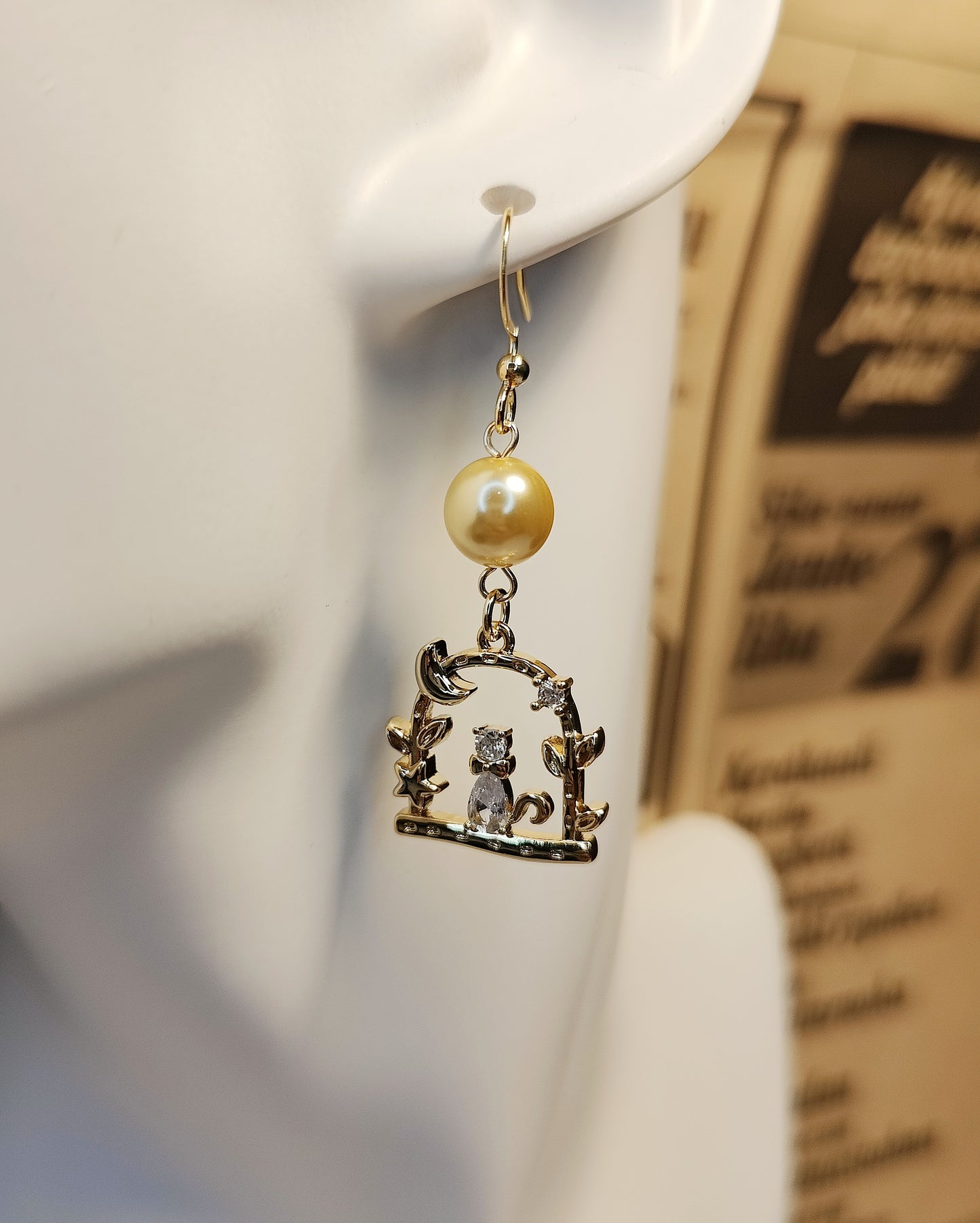 Golden Glass Pearl and Playful Swinging Kitten Pendant Earrings