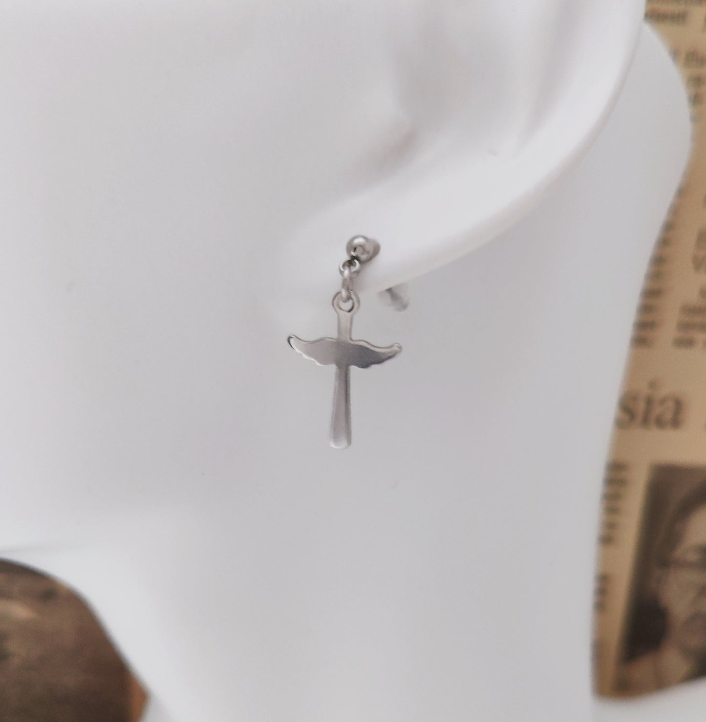 Ball Stud Earrings with Wing-Shaped Cross Pendants(Small)