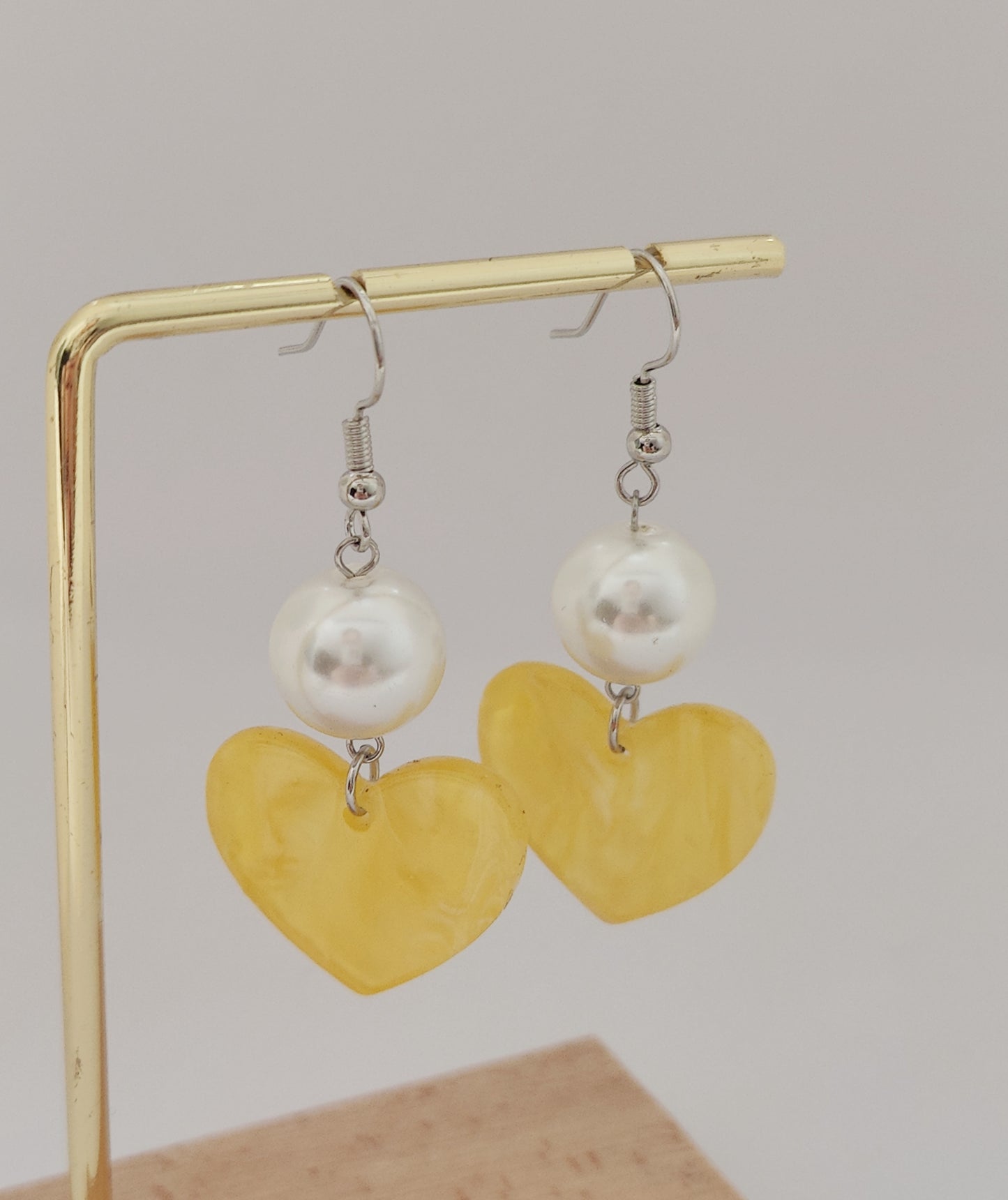 Yellow Acrylic Heart Shell-Pearl Earrings