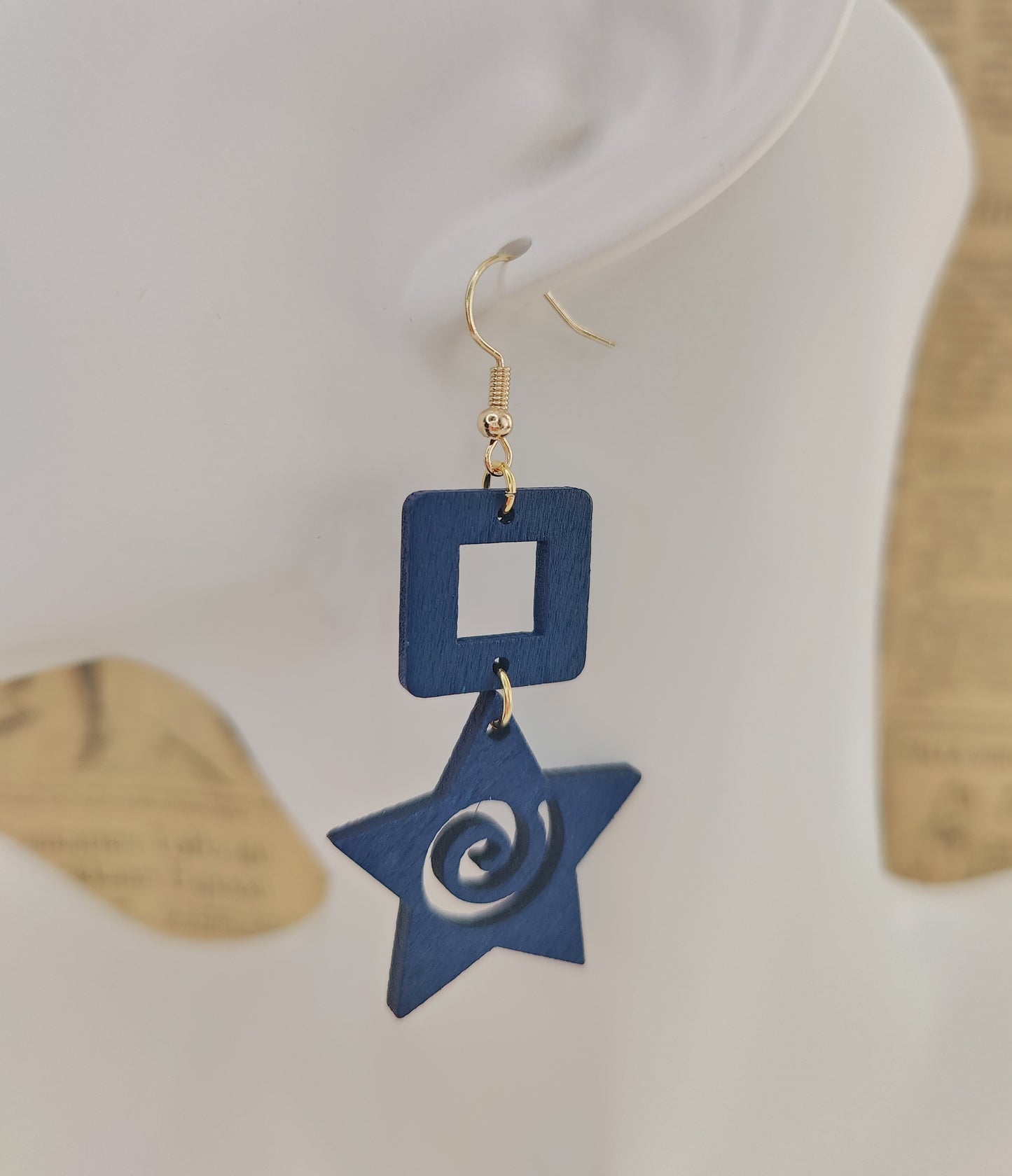 Charming Blue Wooden Square and Hollow Star Earrings