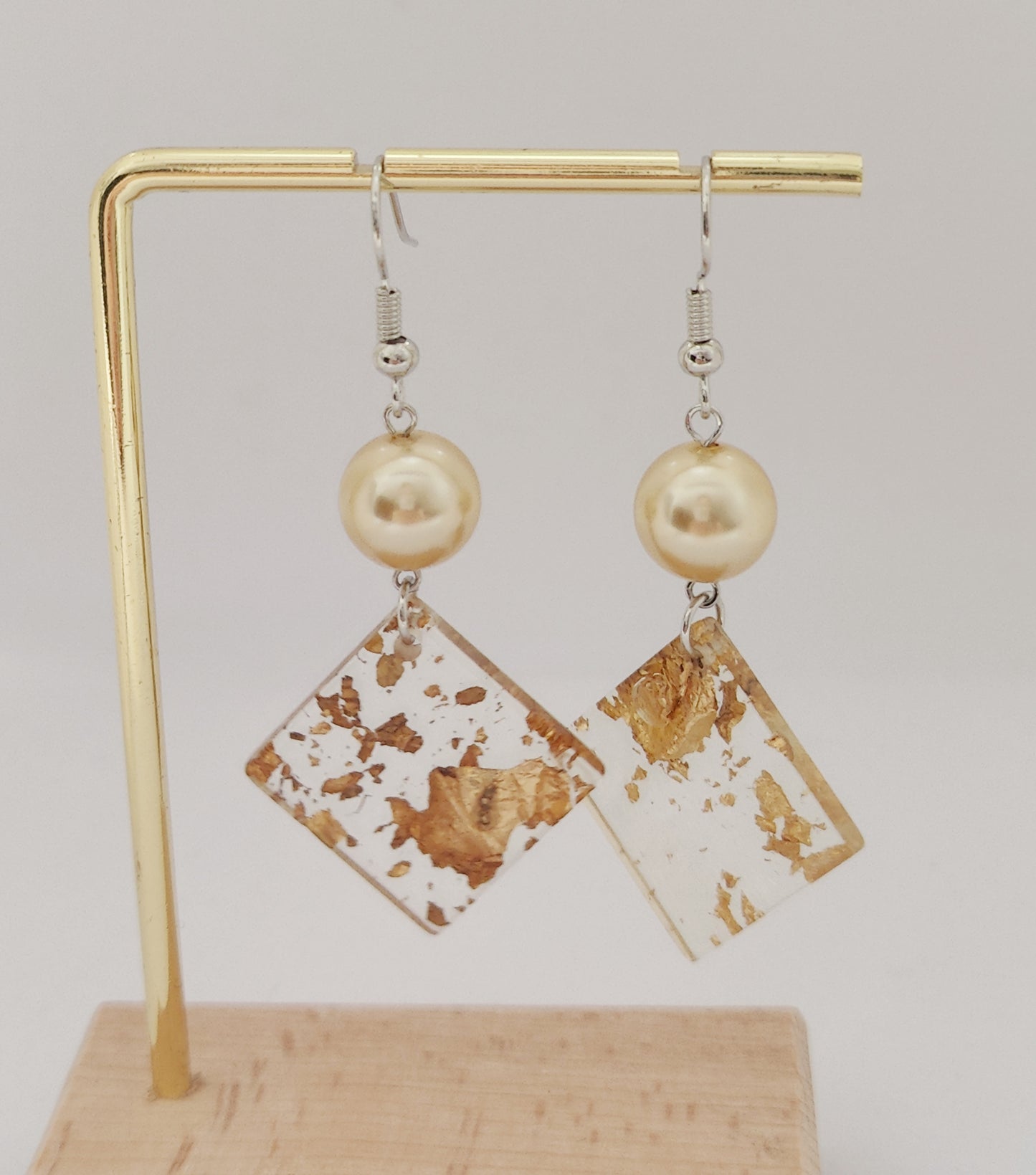 Gold Foil Square Pendant Pearl Earrings