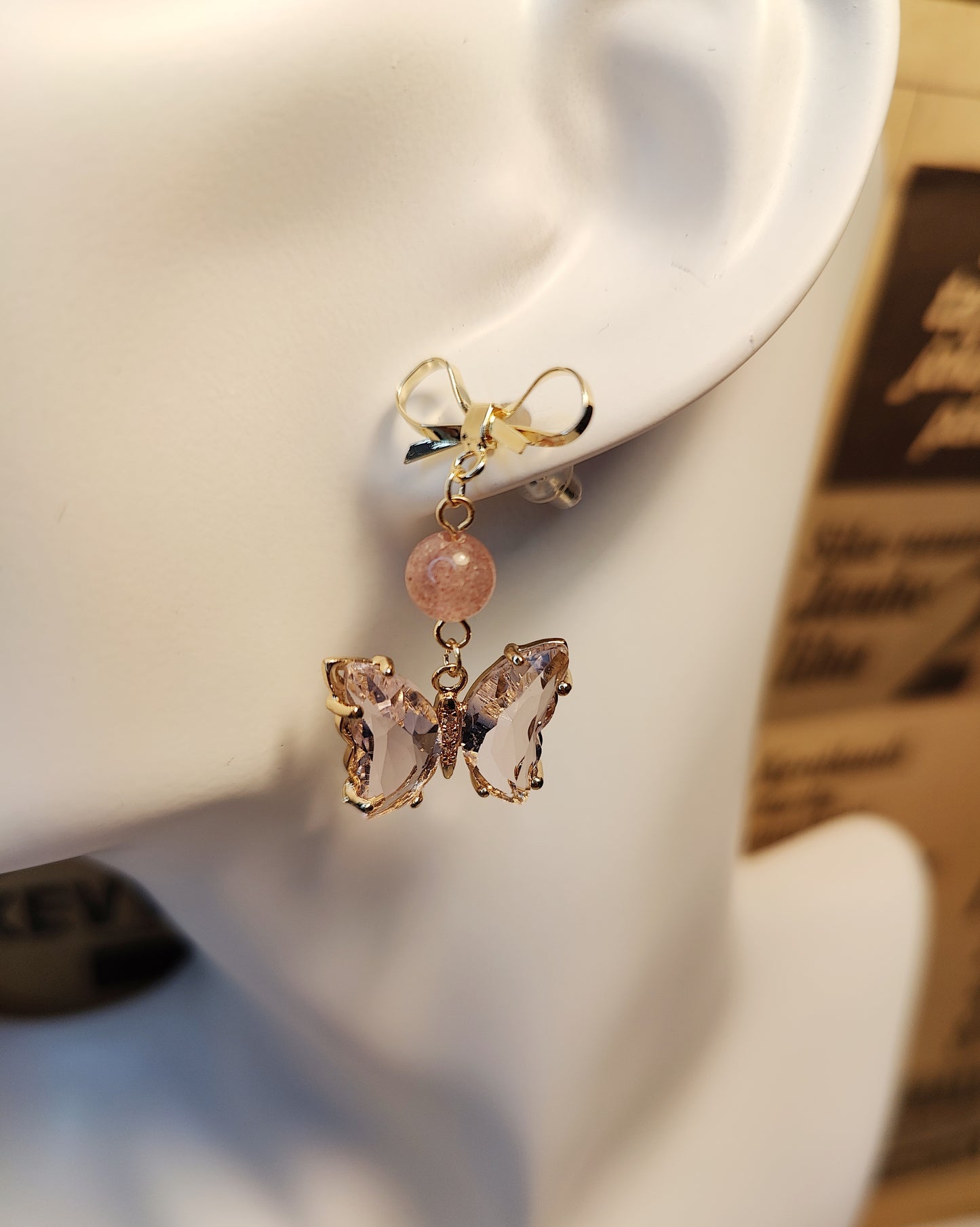 Pink Crystal Bead and Pink Zircon Butterfly Bow Stud Earrings