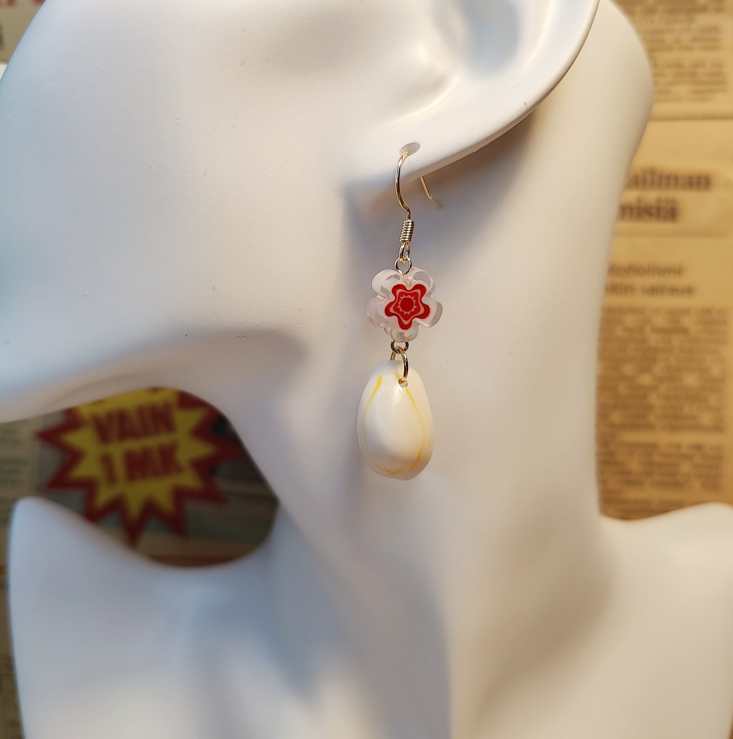 Crimson Blossom Glass Flower Bead and Shell Earrings