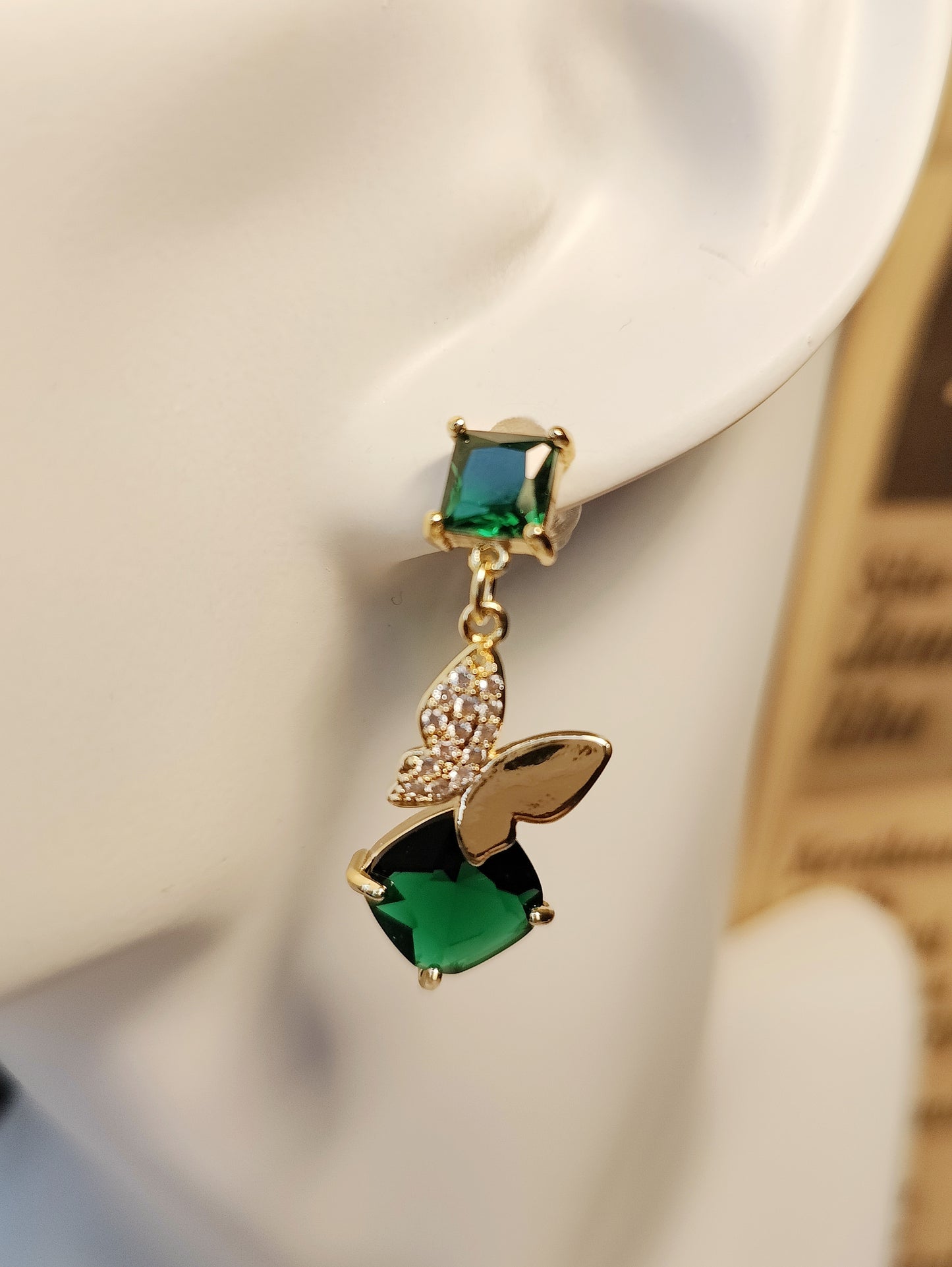 Butterfly and Square Green Zircon Pendants on Square Zircon Stud Earrings