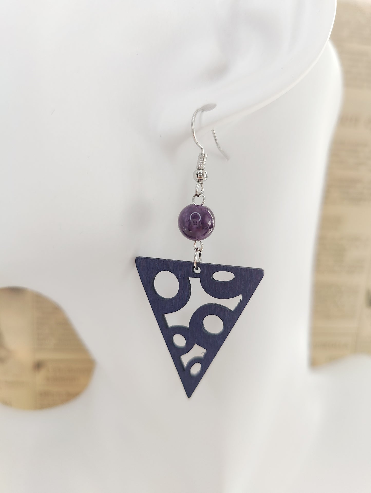 Enchanting Amethyst Beads and Wooden Hollow Triangle Earrings