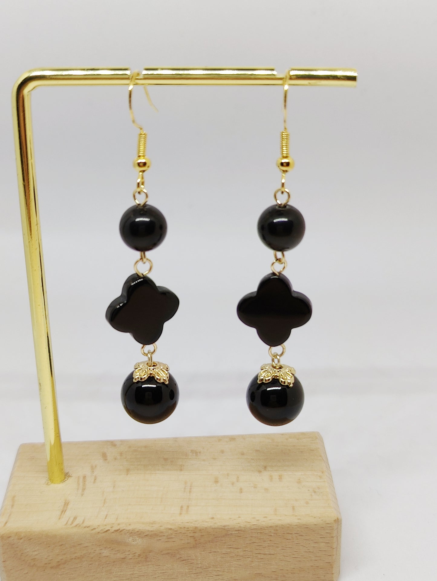 Obsidian Earrings: Two Beads and Four-Leaf Clover