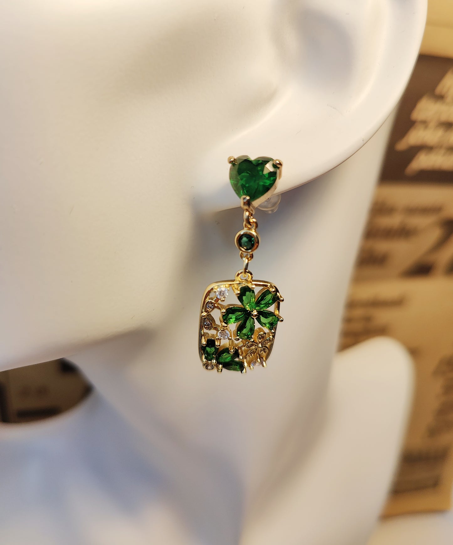 Green Heart-Shaped Zircon Stud Earrings with Zircon-Encrusted Square Pendants(Silver Stud)