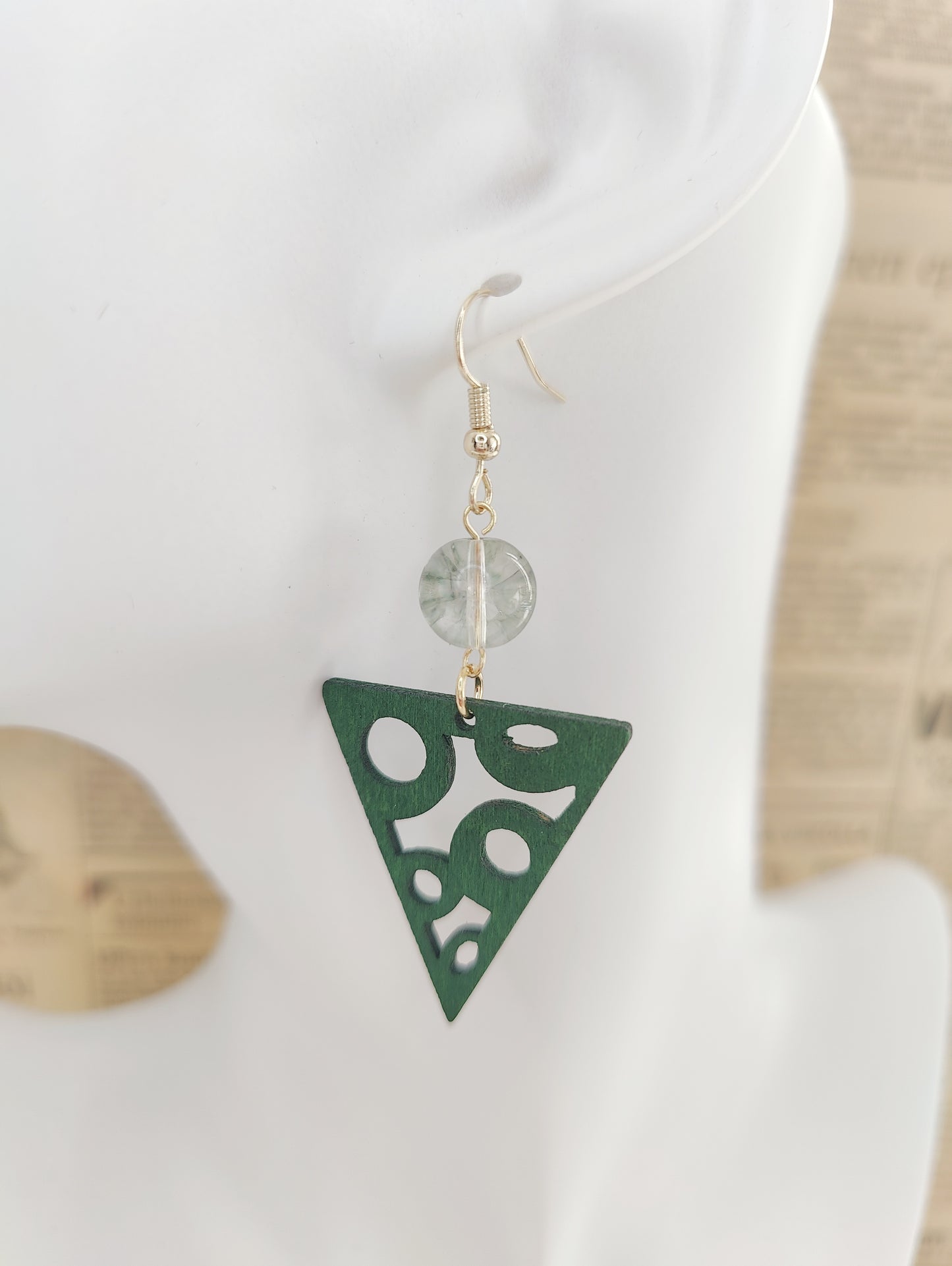 Elegant Green Rutilated Quartz Beads and Wooden Triangle Earrings