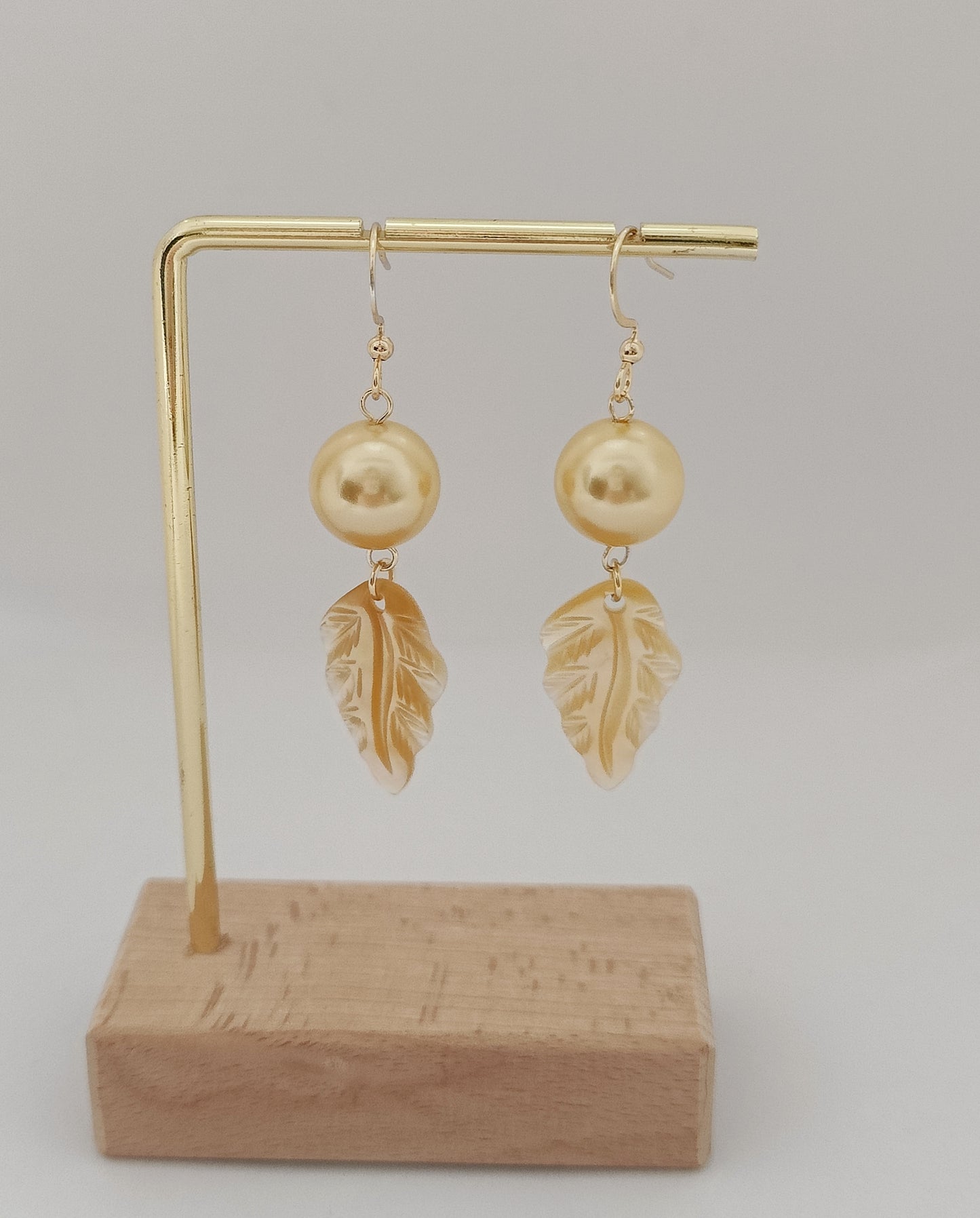 Gold-Color Glass-Pearl with Long Leaf-Shaped Shell Pendant Earrings