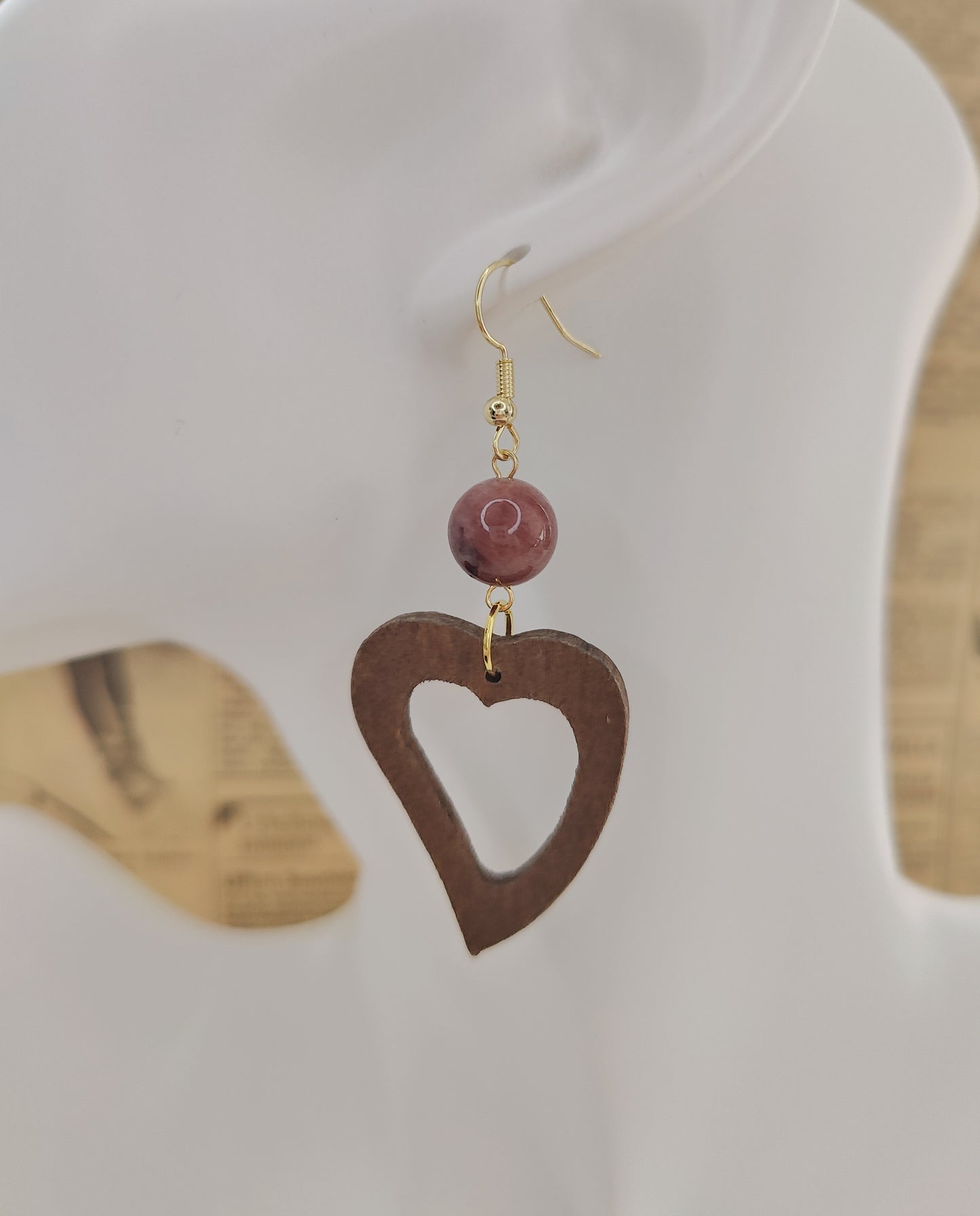 Elegant Stone Bead and Wooden Hollow Heart Pendant Earrings