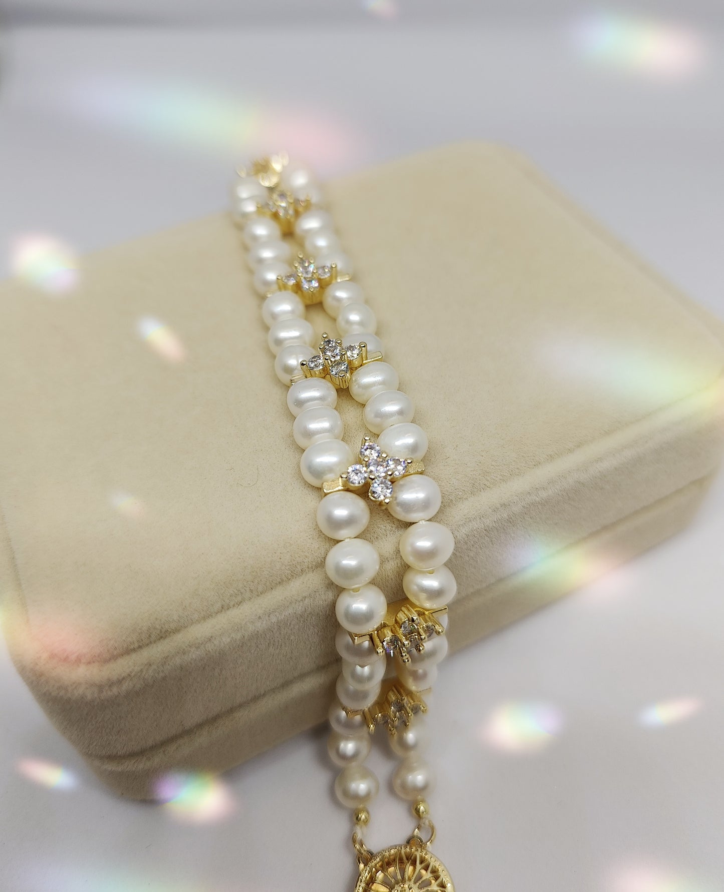 Two-Row Pearl and Zirconia Spacer Beads Bracelet (16cm)