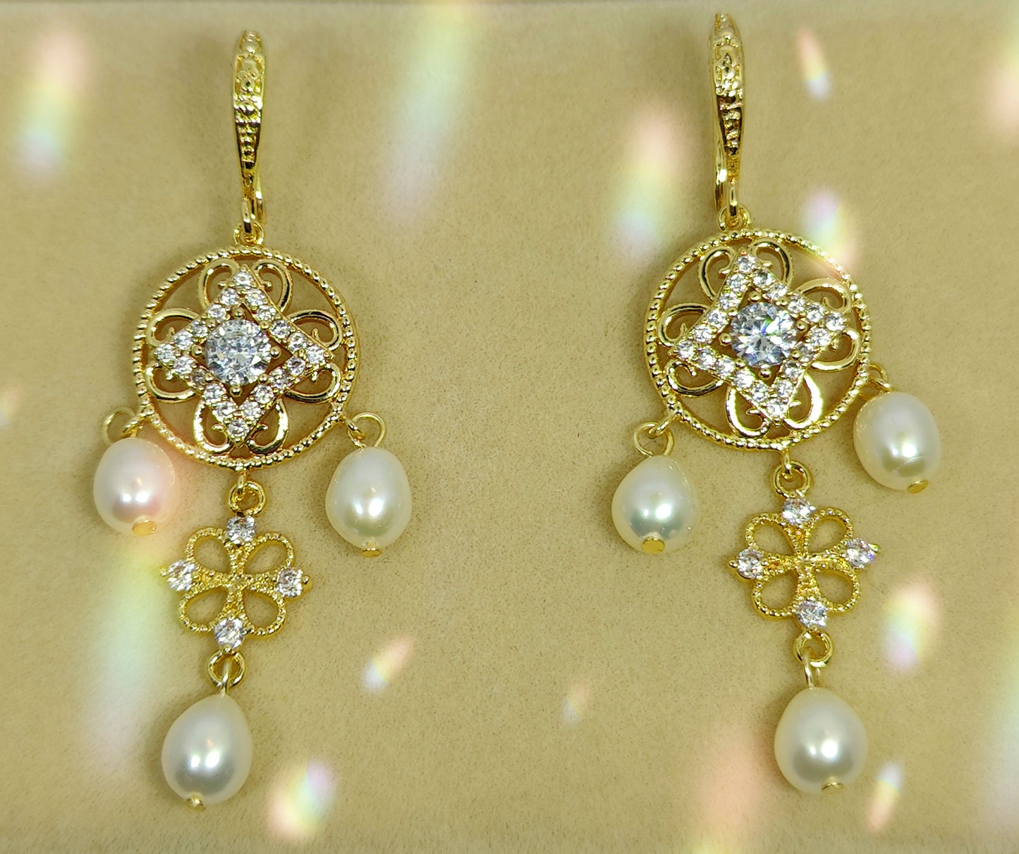 Earrings with Zircons Embedded in Round Pendant and Three Pearls