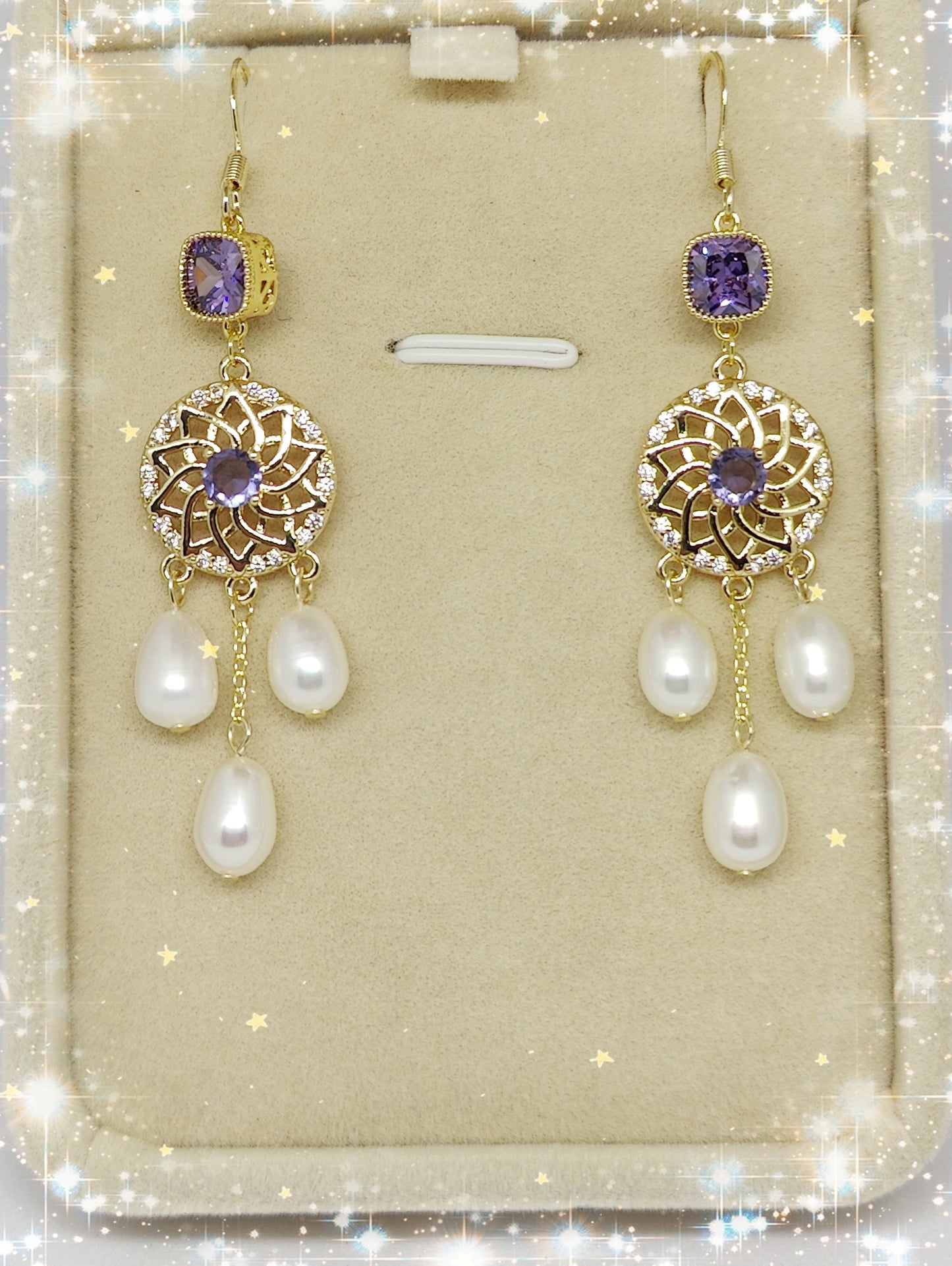 Purple Square Zirconia and Three Freshwater Pearl Earrings