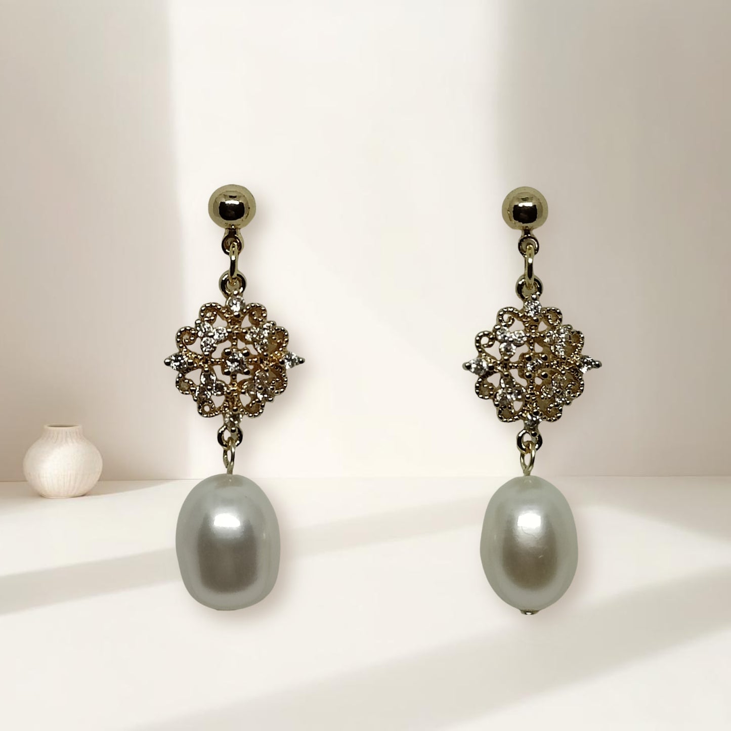 Zircon and Pearl Diamond-Shape Stud Earrings