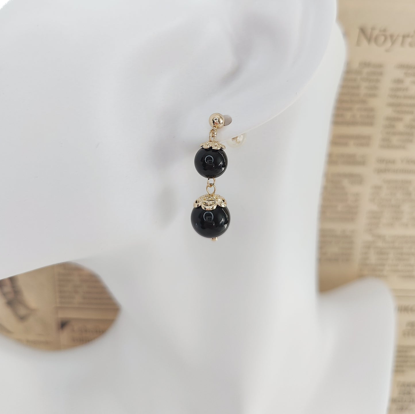 Double Obsidian Bead Stud Earrings (Golden)