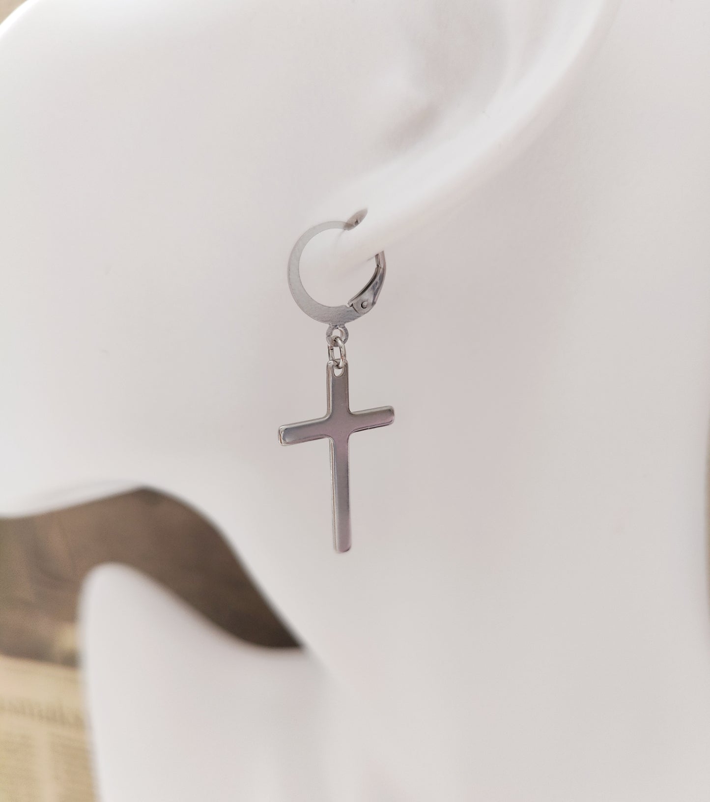 Round Ear Hooks with Thin Cross Pendant