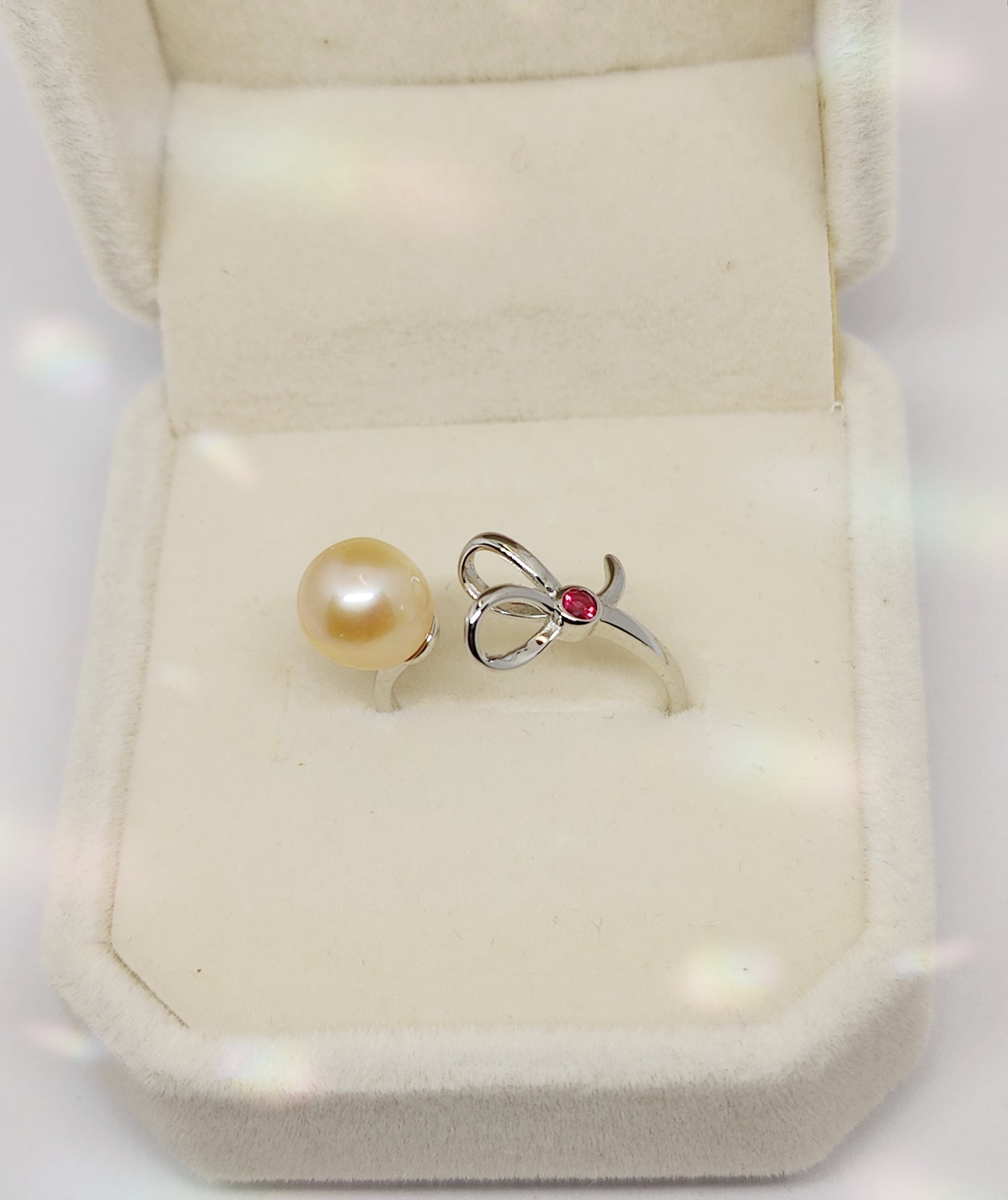 White-Gold-Plated Sliver Ring with Red Zircon and Pink Pearl(Size Adjustable)