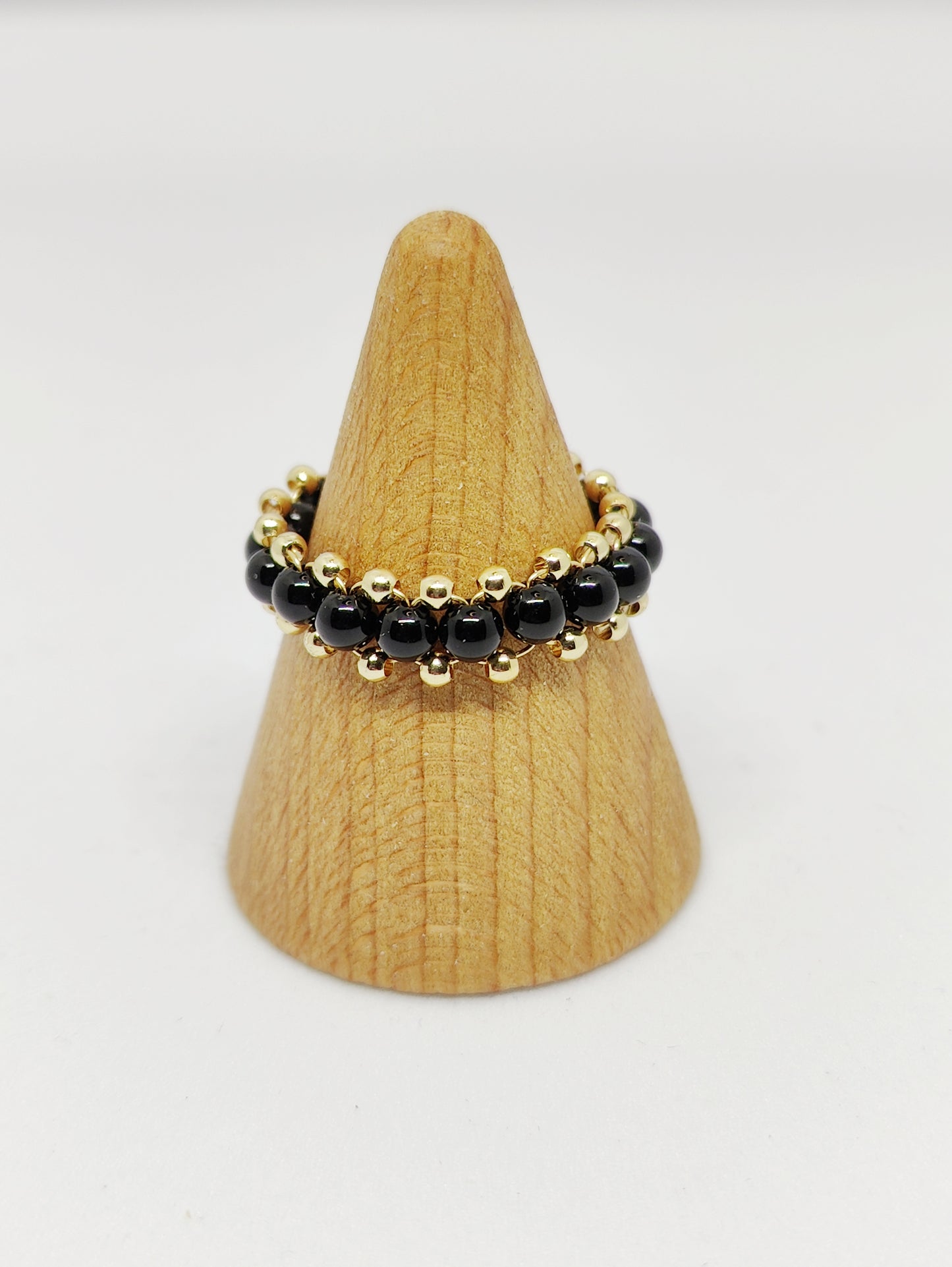 Obsidian and Gold-Plated Copper Beads Braided Ring (Customized)