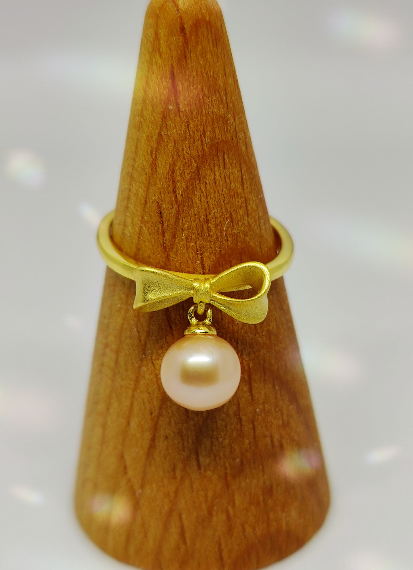 Gold-Plated Silver Ring with Butterfly Design and 6mm Pink Pearl (Size Adjustable)