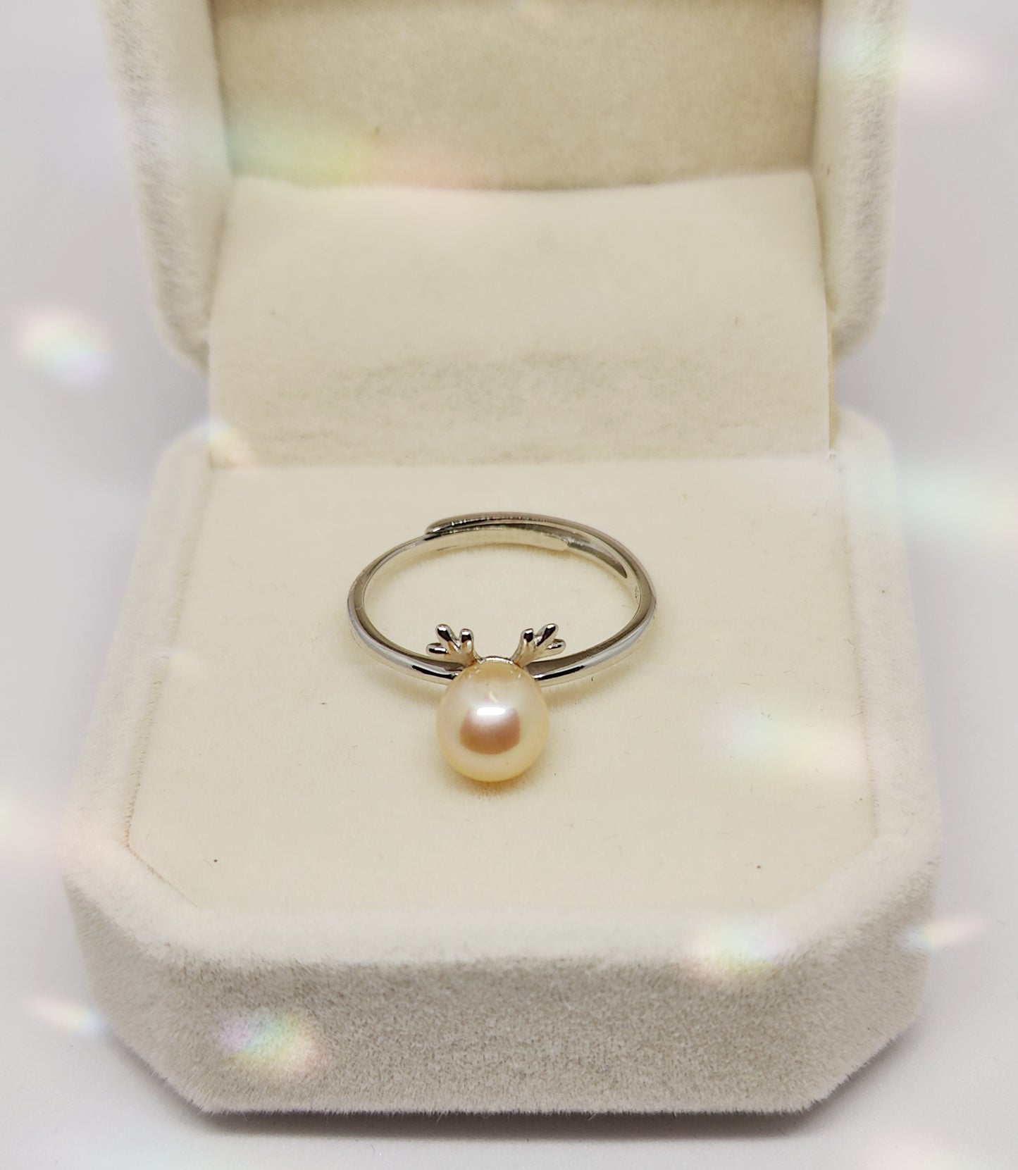 Deer Antler-Inspired Gold-Plated Silver Ring with White Pearl(Size Adjustable)