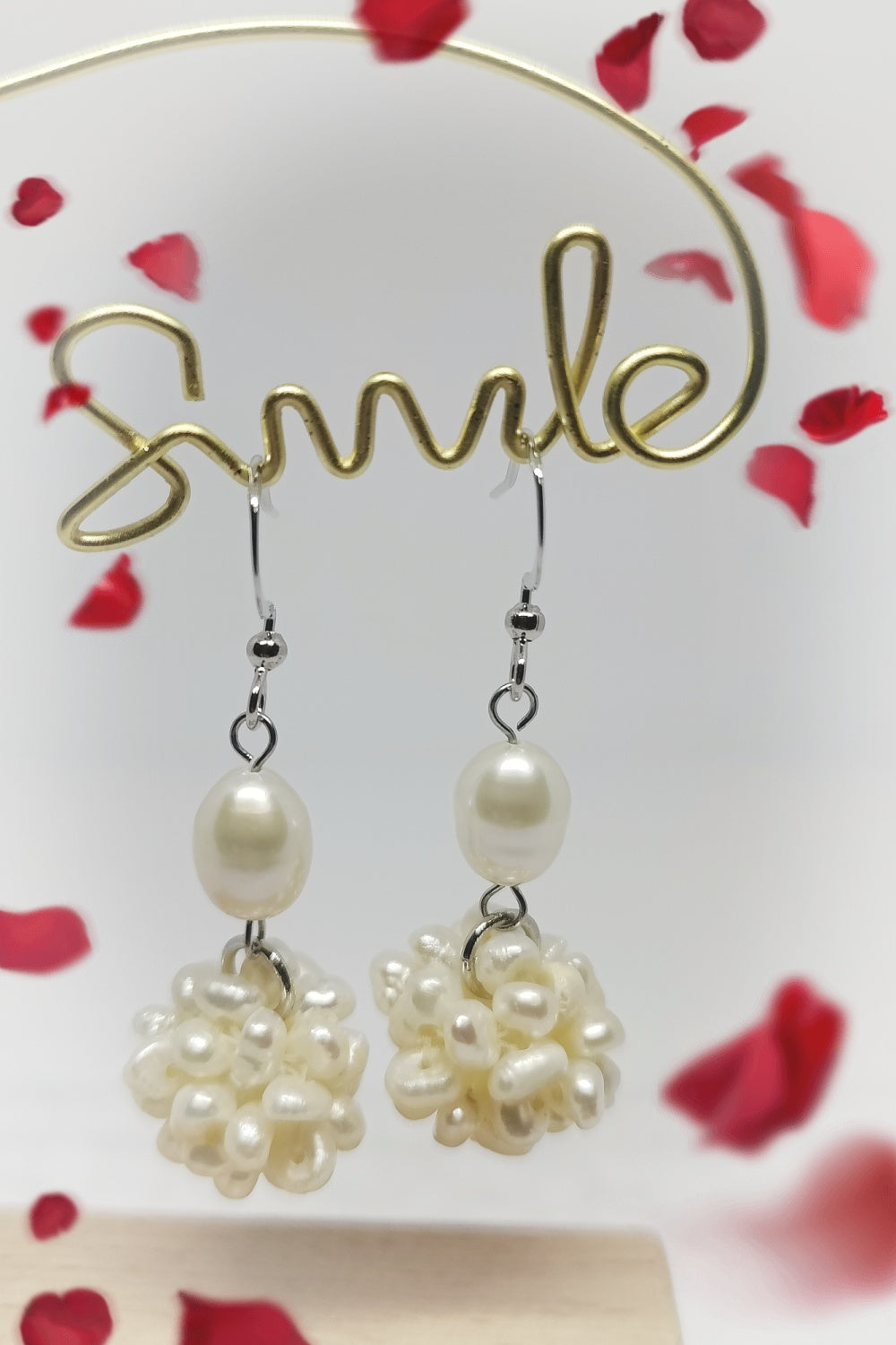 Freshwater Pearl-Woven Bead Earrings (White)