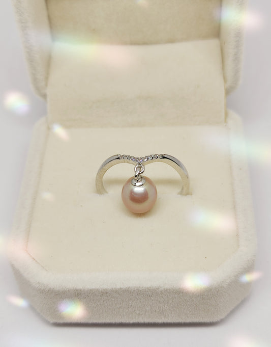 Water Wave-Shaped White-Gold-Plated Silver Ring Adorned with Zircon and Pearl (Size Adjustable)