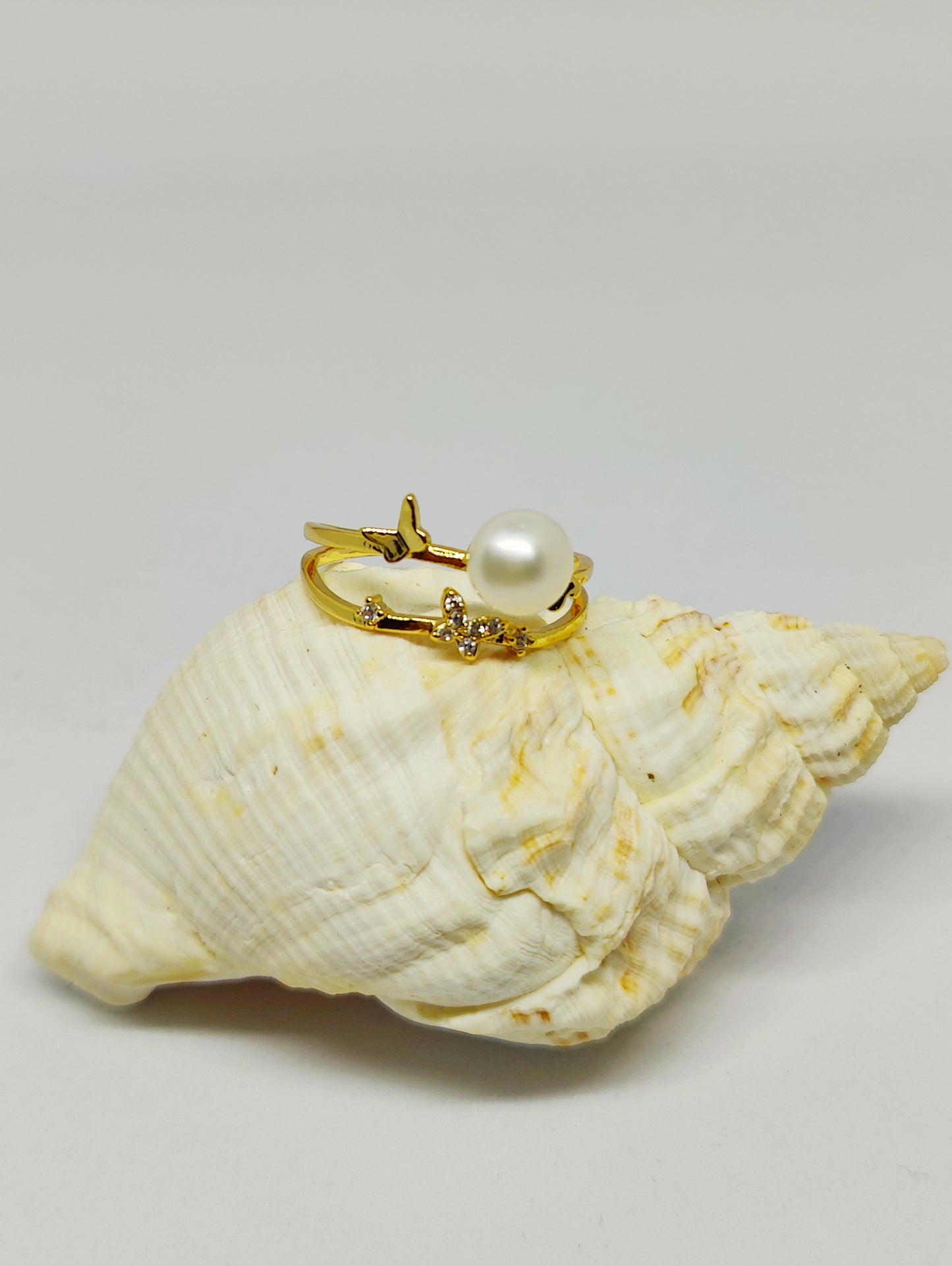 Double Row Gold-Plated Copper Ring with Butterfly Zircon and Pearl (Size Adjustable)