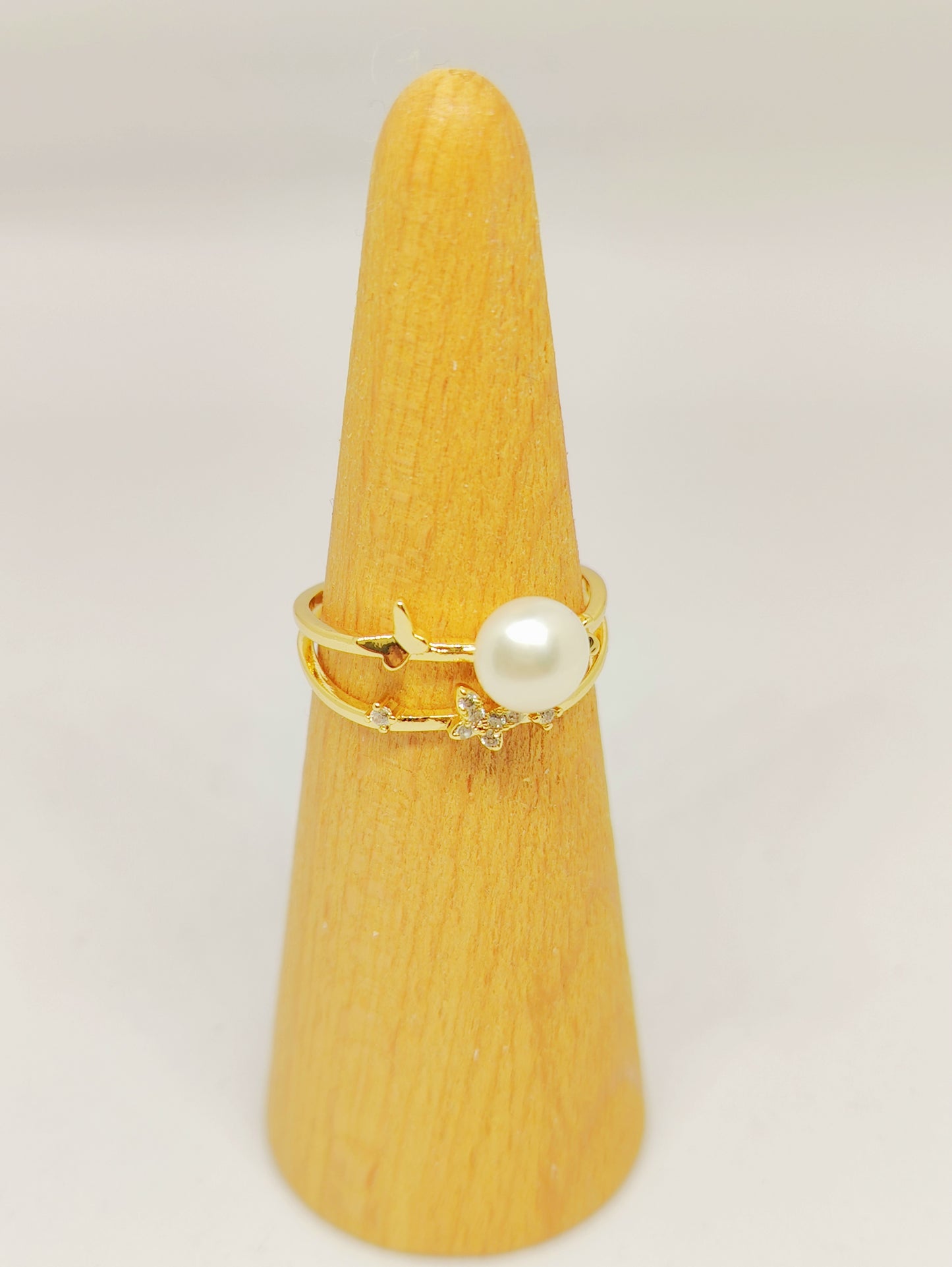 Double Row Gold-Plated Copper Ring with Butterfly Zircon and Pearl (Size Adjustable)