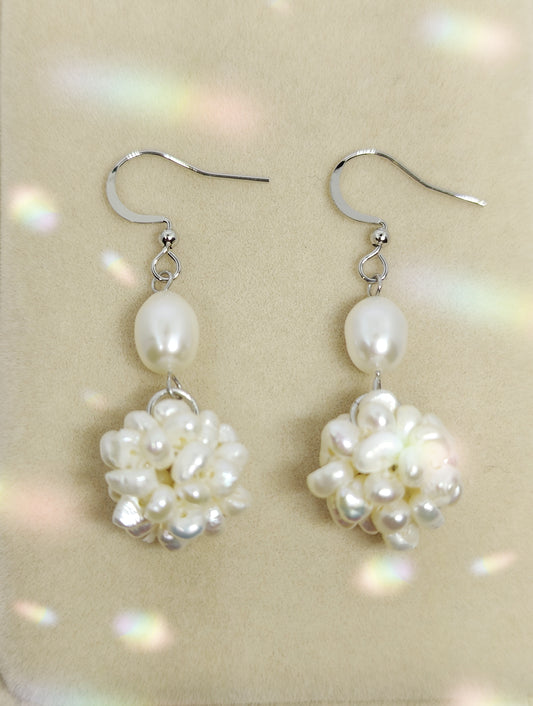 Freshwater Pearl-Woven Bead Earrings (White)