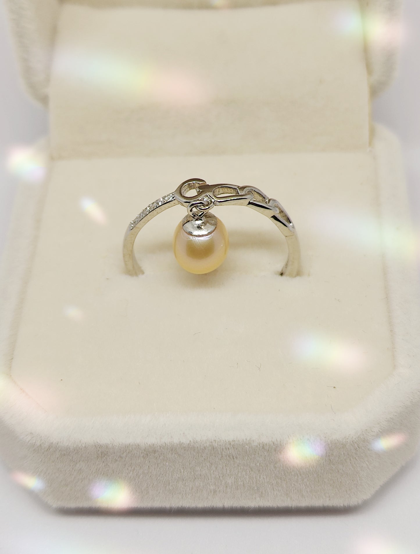 White-Gold-Plated Silver Ring with Zircon and Pearl(Size Adjustable)